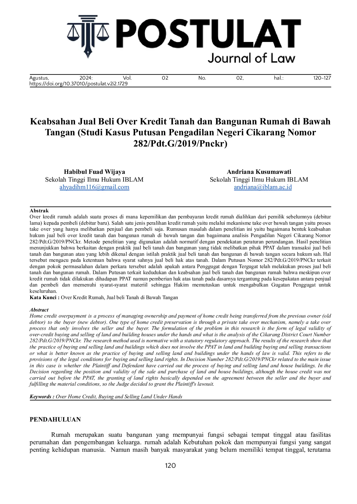 JURIS The Legality of Over Credit Buying and Selling of Land and House Buildings Under Hand Case Study of Cikarang District Court Decision Number 282 Pdt G 2019 Pnckr