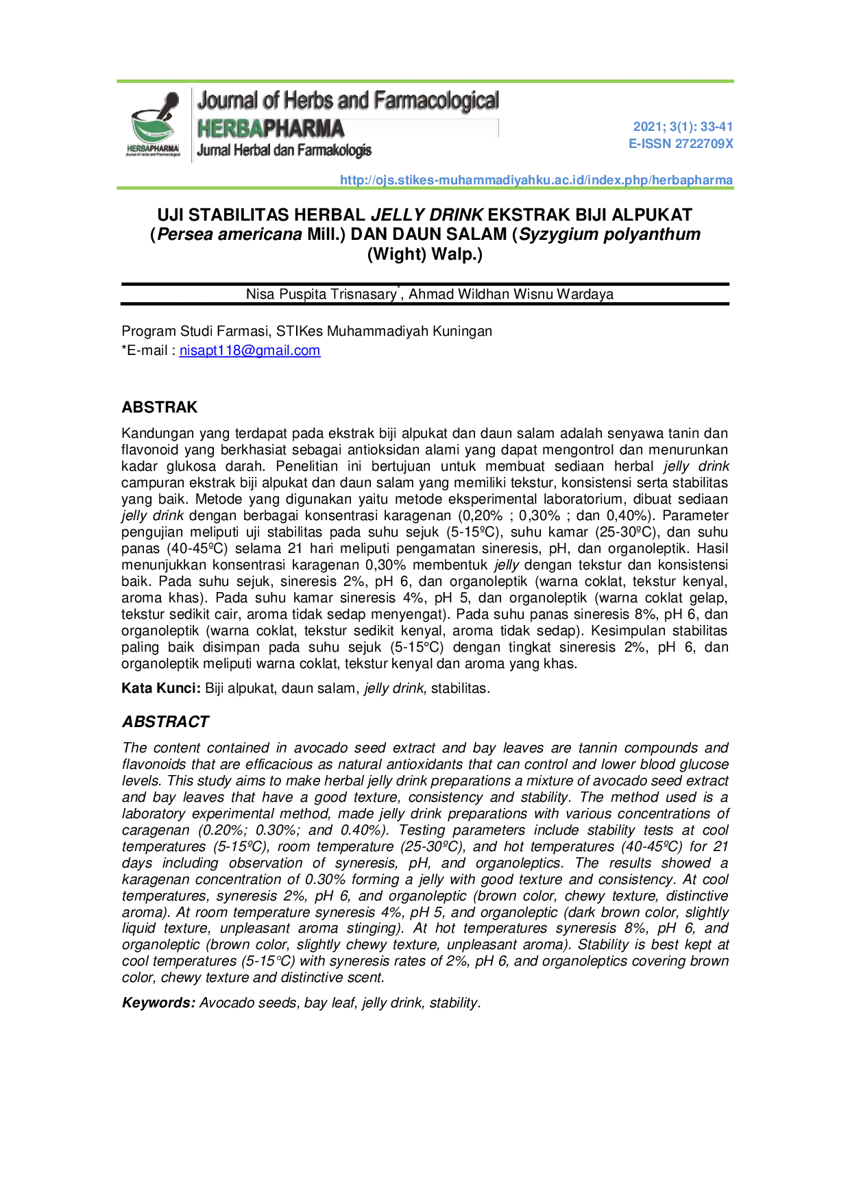 JURIS UJI STABILITAS HERBAL JELLY DRINK EKSTRAK BIJI ALPUKAT Persea americana Mill DAN DAUN SALAM Syzygium polyanthum Wight Walp