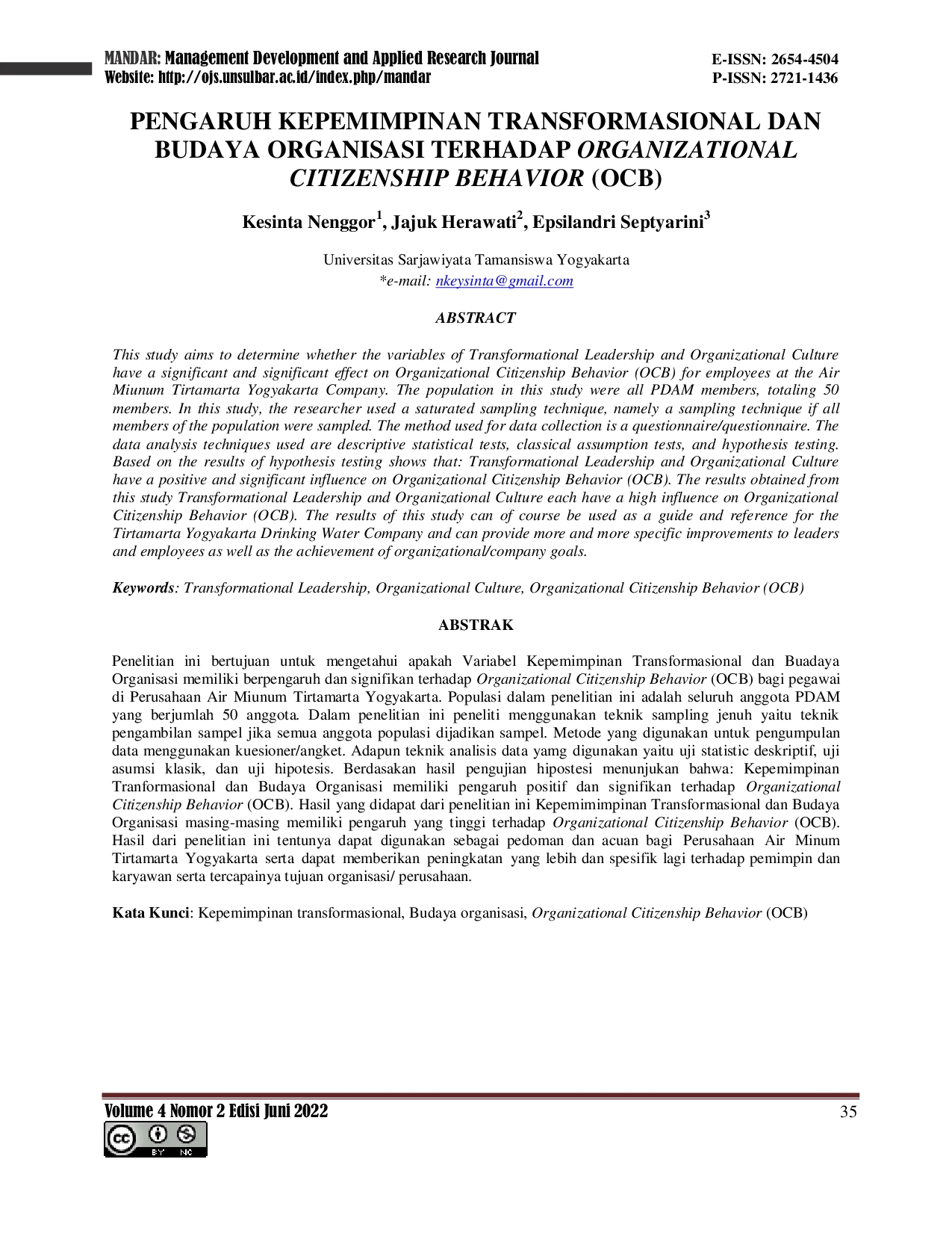 JURIS Pengaruh Kepemimpinan Transformasional Dan Budaya Organisasi Terhadap Organizational Citizenship Behavior OCB
