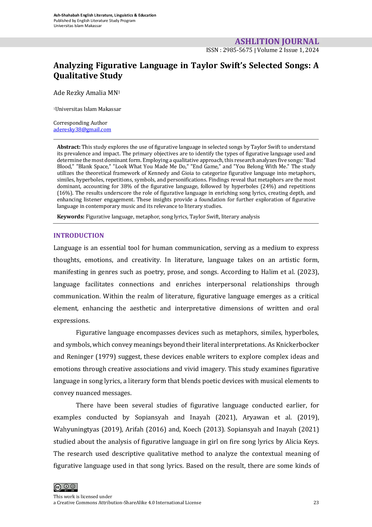 JURIS Analyzing Figurative Language in Taylor Swift s Selected Songs A Qualitative Study