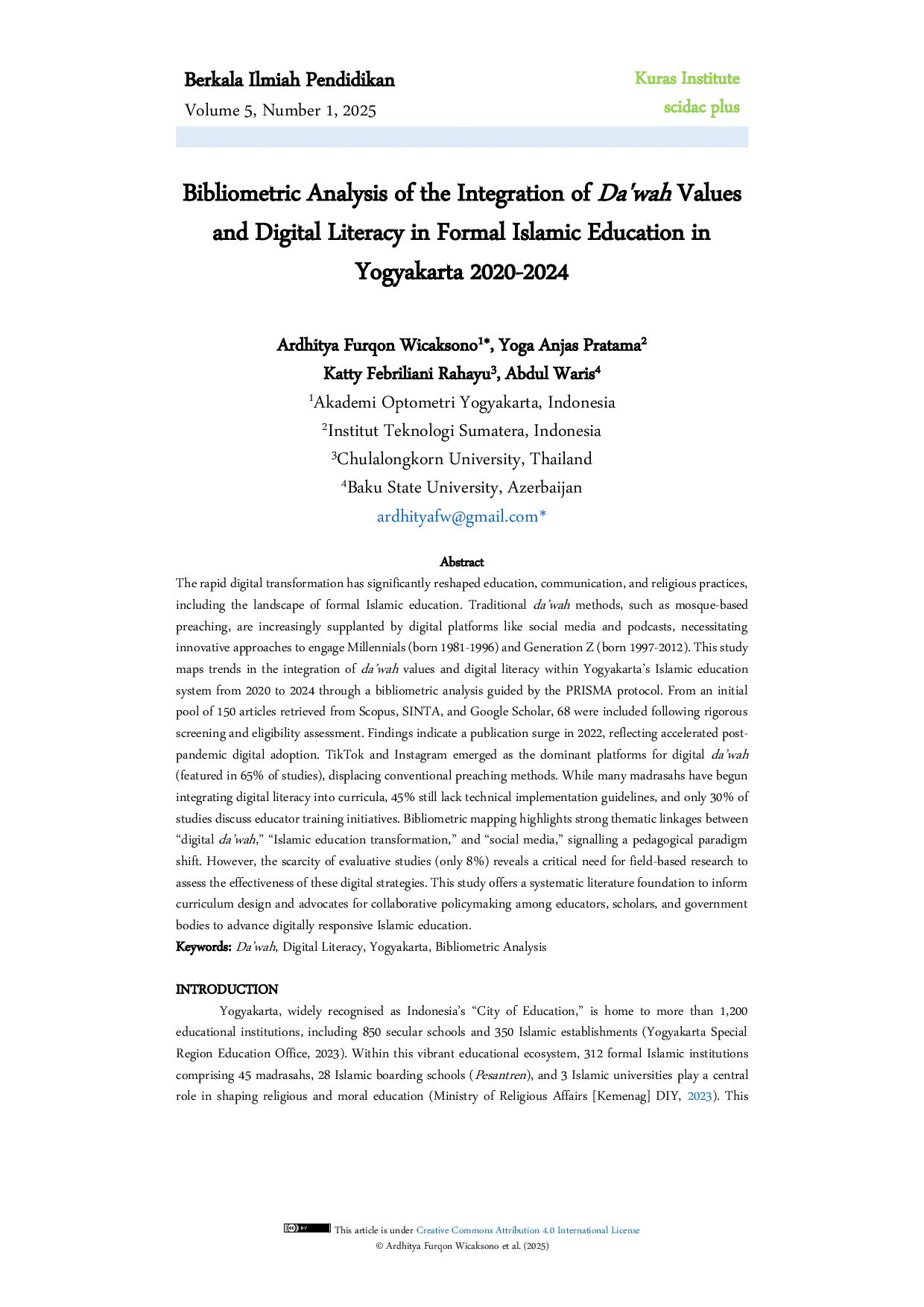 JURIS Bibliometric Analysis of the Integration of Da wah Values and Digital Literacy in Formal Islamic Education in Yogyakarta 2020 2024