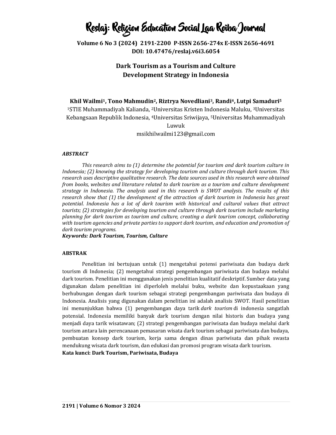 JURIS Dark Tourism as a Tourism and Culture Development Strategy in Indonesia