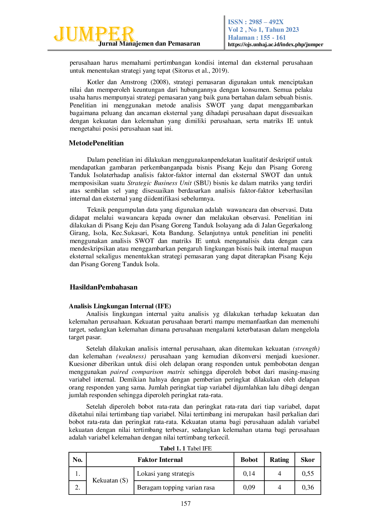 JURIS Analisis Swot Untuk Strategi Pemasaran Pisang Keju Dan Pisang Goreng Tanduk Isola Kota Bandung