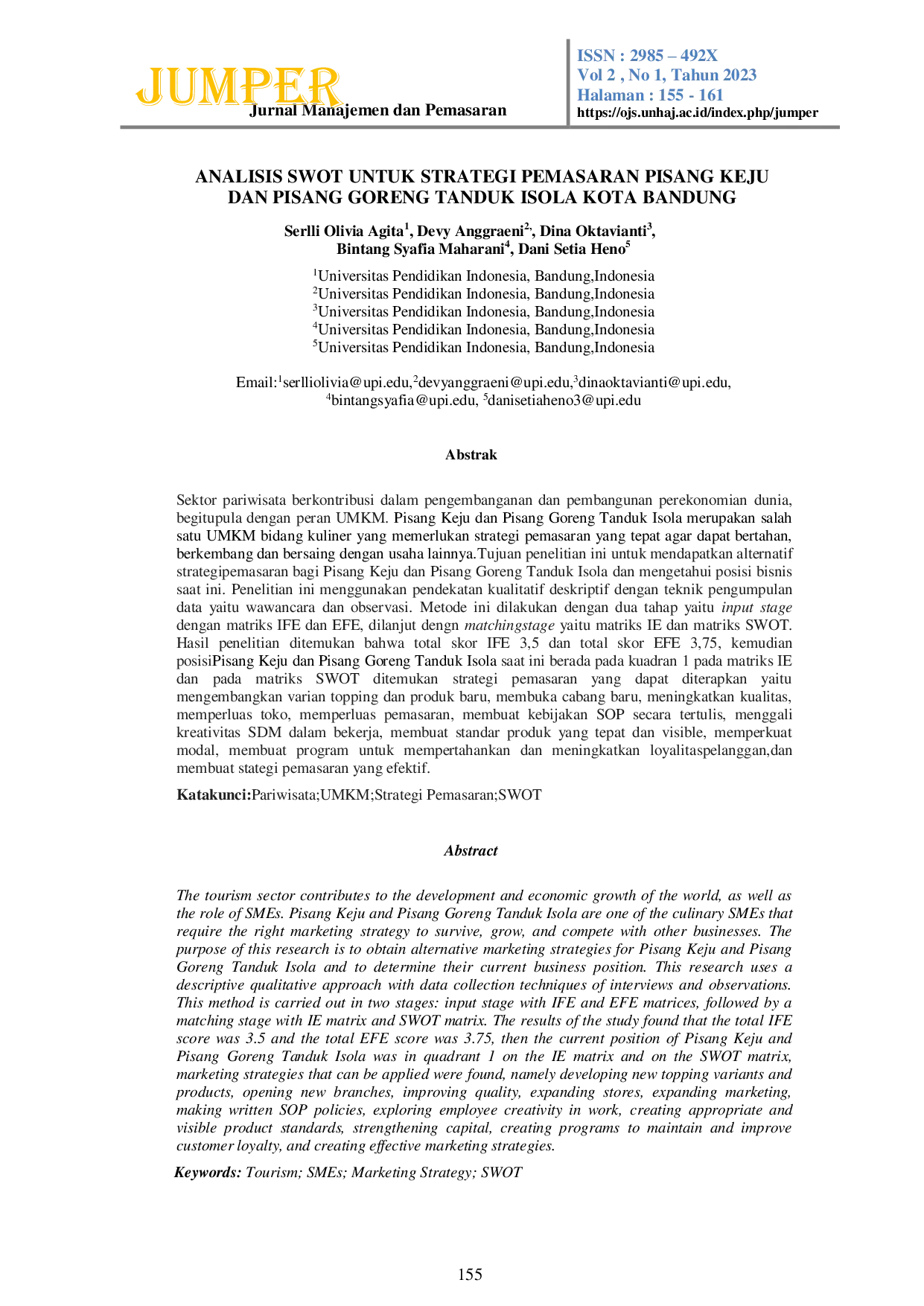 JURIS Analisis Swot Untuk Strategi Pemasaran Pisang Keju Dan Pisang Goreng Tanduk Isola Kota Bandung