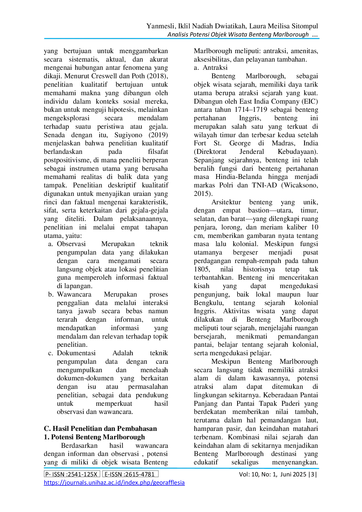 JURIS Analisis Potensi Objek Wisata Benteng Marlborough Melalui Penerapan Sapta Pesona di Kota Bengkulu