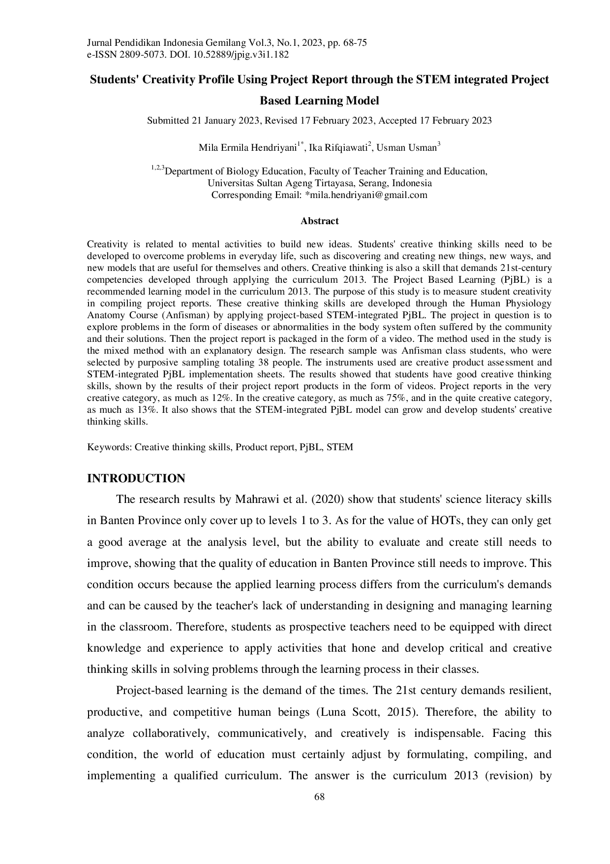 juris Students Creativity Profile Using Project Report through the STEM integrated Project Based Learning Model