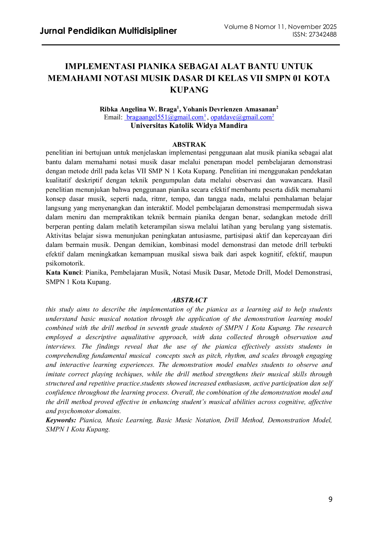 JURIS Implementasi Pianika Sebagai Alat Bantu Untuk Memahami Notasi Musik Dasar Di Kelas Vii Smpn 01 Kota Kupang