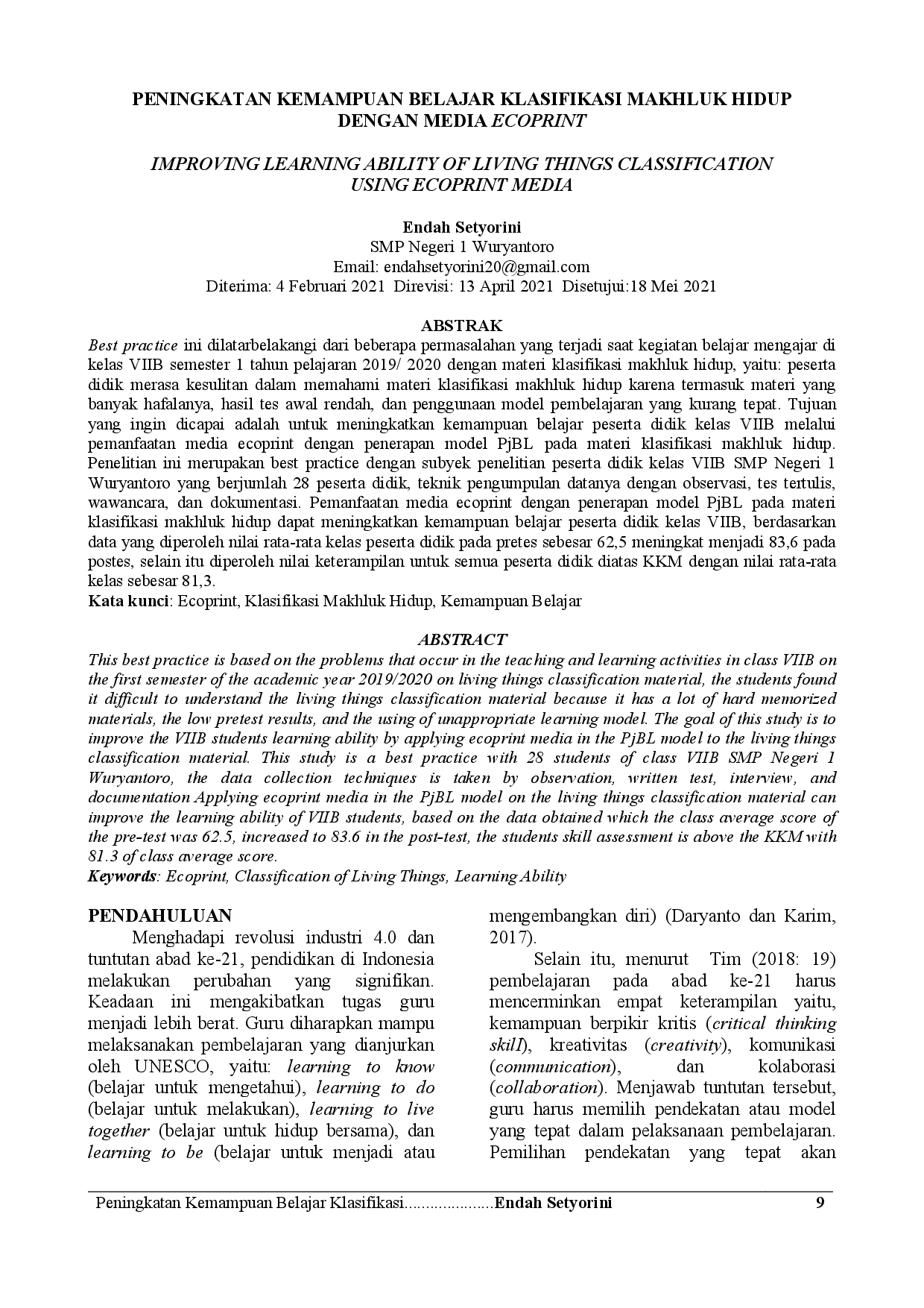 JURIS Peningkatan Kemampuan Belajar Klasifikasi Makhluk Hidup Dengan Media Ecoprint