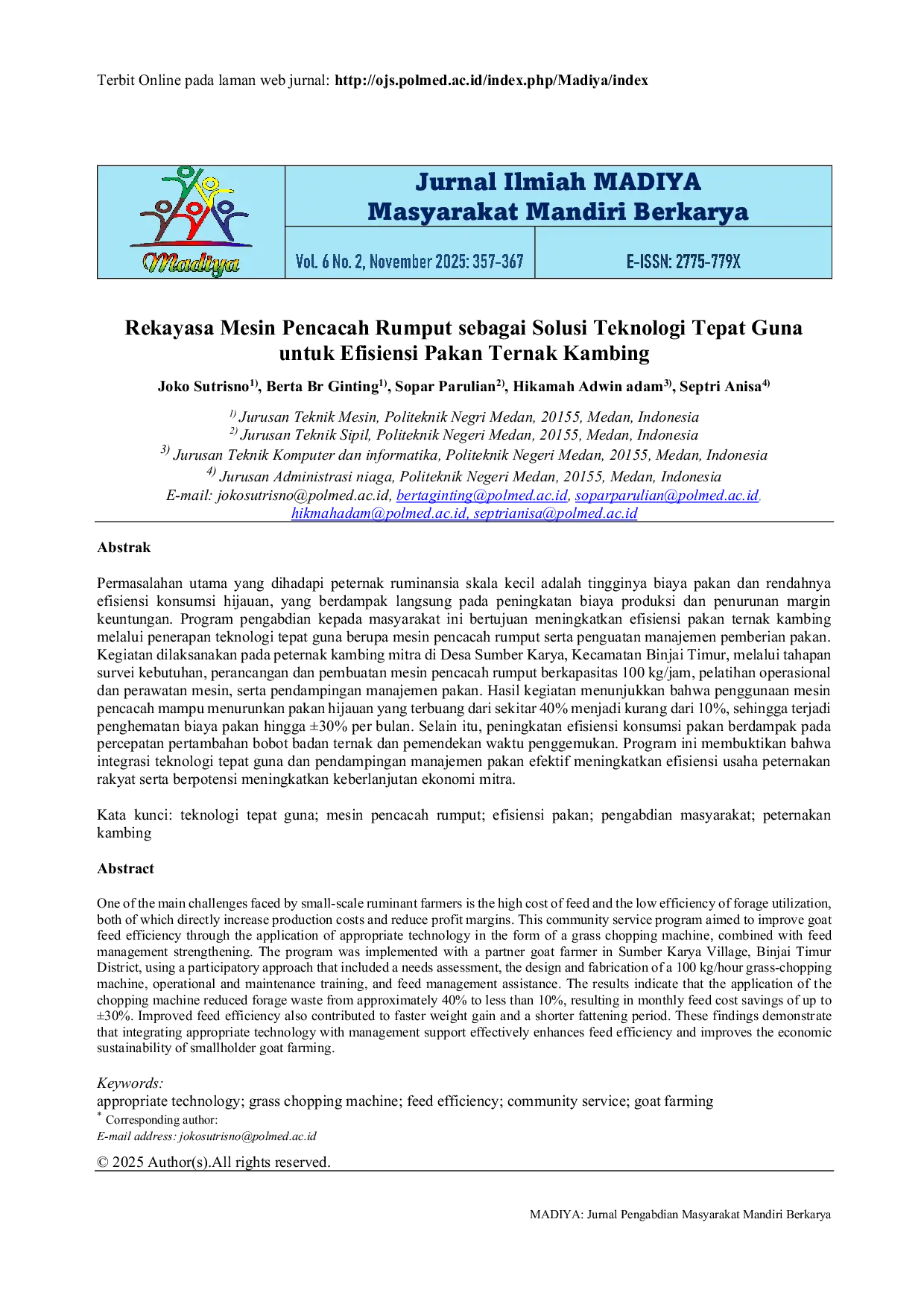 JURIS Rekayasa Mesin Pencacah Rumput sebagai Solusi Teknologi Tepat Guna untuk Efisiensi Pakan Ternak Kambing