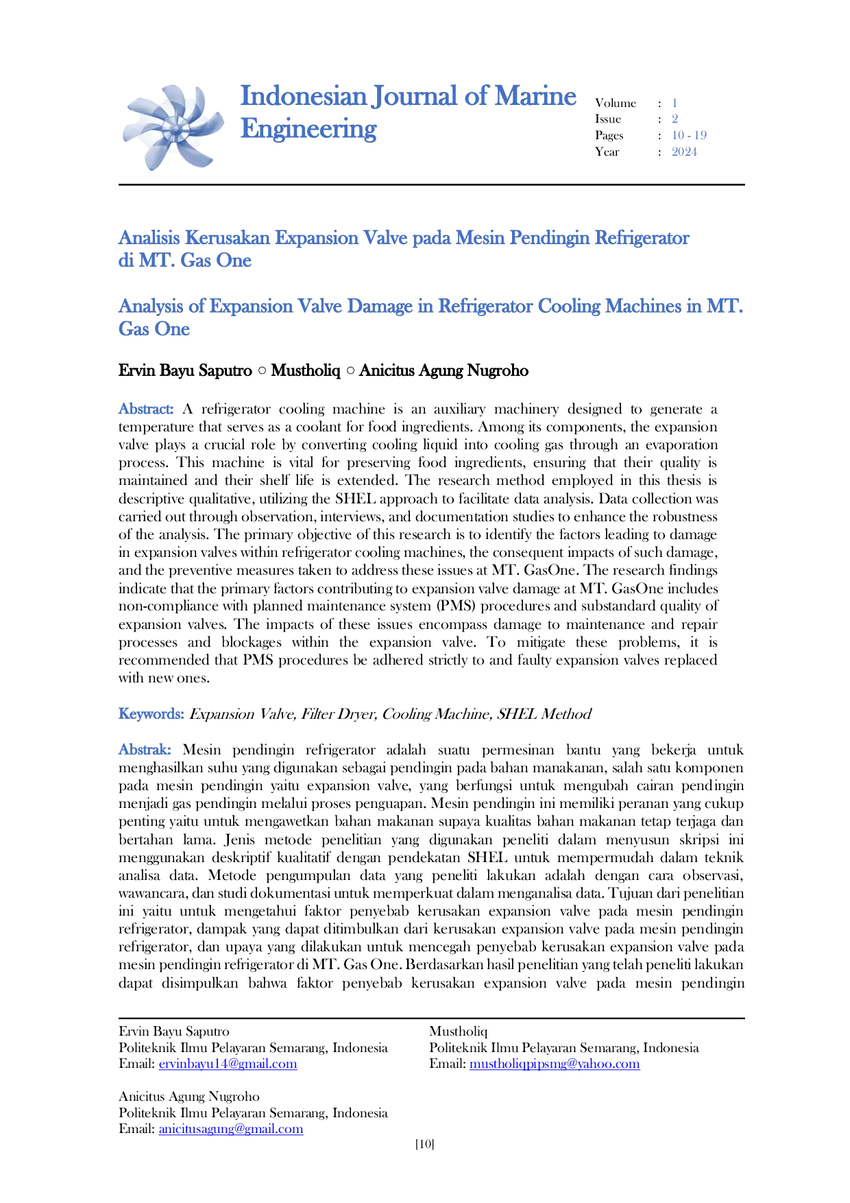 JURIS Analisis Kerusakan Expansion Valve pada Mesin Pendingin Refrigerator di MT Gas One