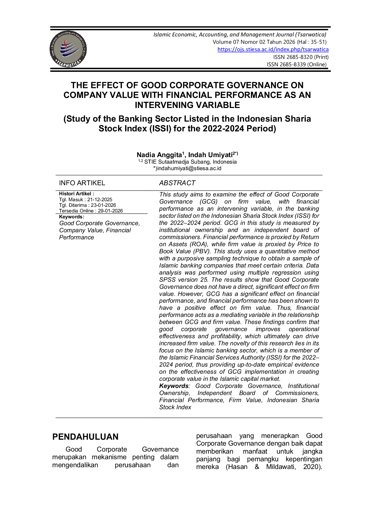 JURIS THE EFFECT OF GOOD CORPORATE GOVERNANCE ON COMPANY VALUE WITH FINANCIAL PERFORMANCE AS AN INTERVENING VARIABLE Study of the Banking Sector Listed in the Indonesian Sharia Stock Index ISSI for the 2