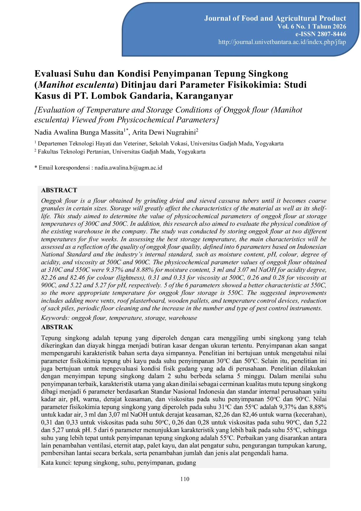 JURIS Evaluation of Temperature and Storage Conditions of Onggok flour Manihot esculenta Viewed from Physicochemical Parameters