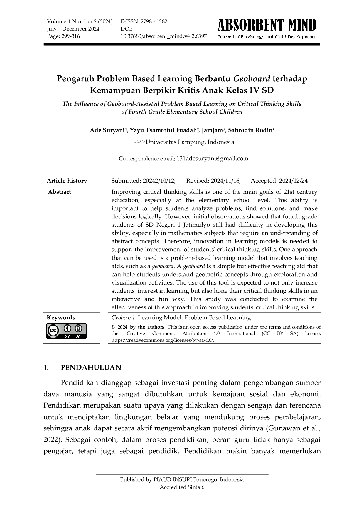 JURIS Pengaruh Problem Based Learning Berbantu Geoboard Terhadap Kemampuan Berpikir Kritis Anak Kelas IV SD