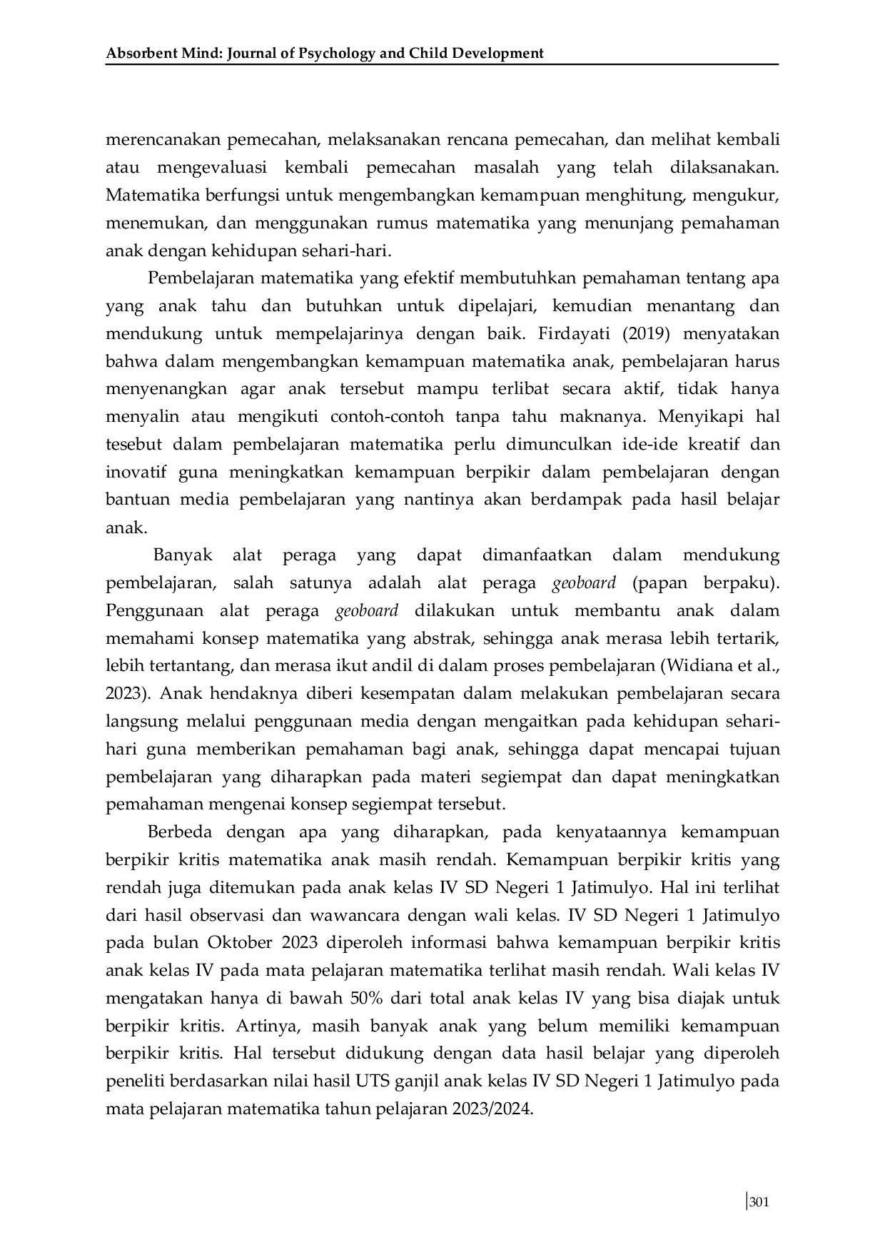 JURIS Pengaruh Problem Based Learning Berbantu Geoboard Terhadap Kemampuan Berpikir Kritis Anak Kelas IV SD