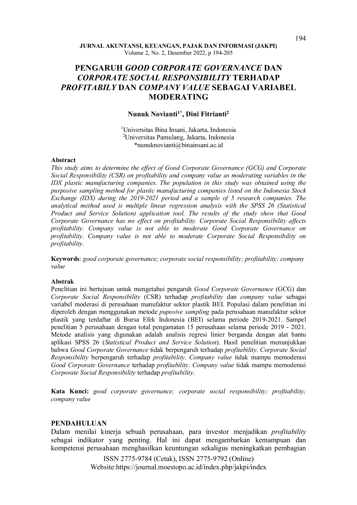 JURIS Pengaruh Good Corporate Governance Dan Corporate Social Responsibility Terhadap Profitably Dan Company Value Sebagai Variabel Moderating