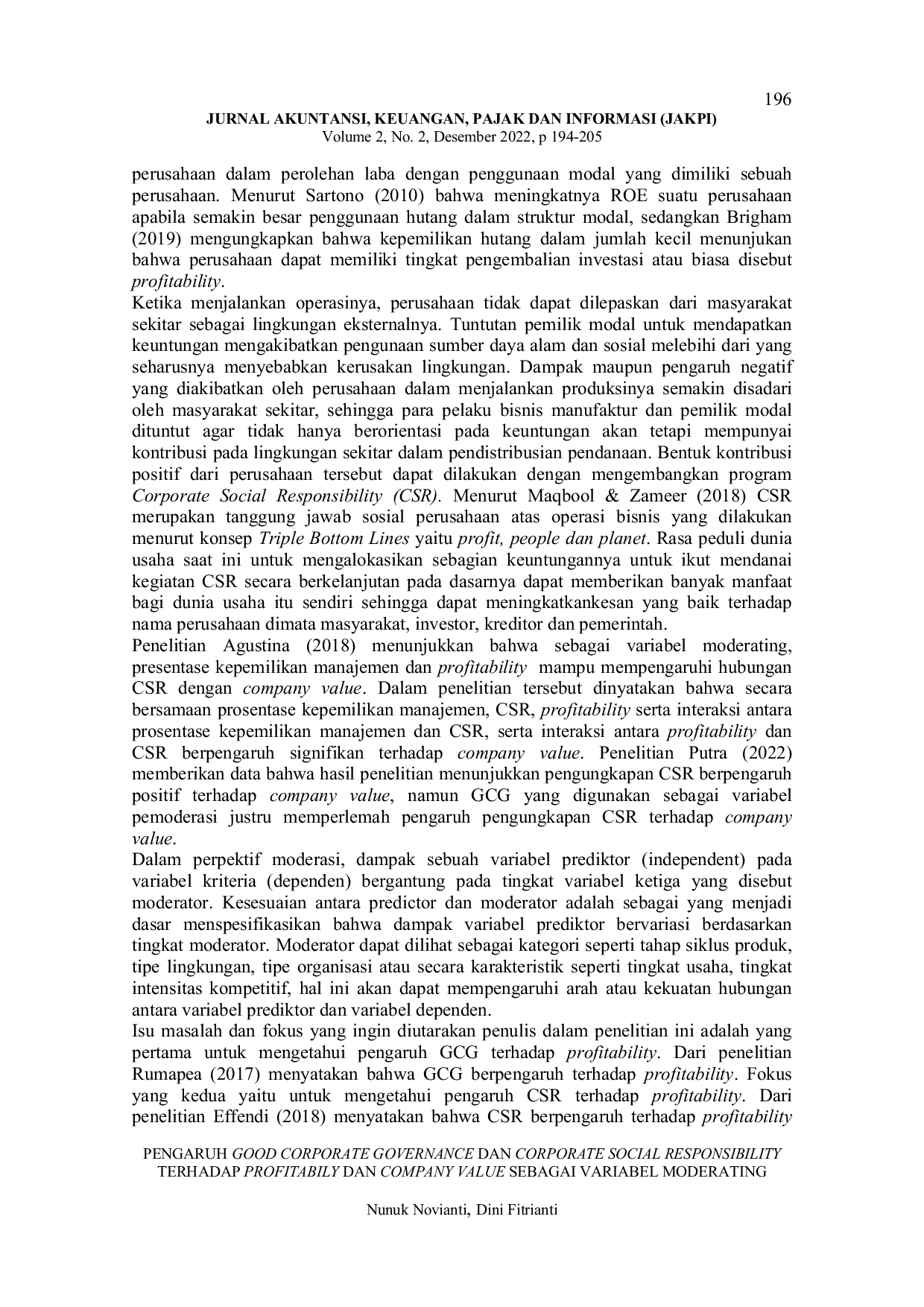 JURIS Pengaruh Good Corporate Governance Dan Corporate Social Responsibility Terhadap Profitably Dan Company Value Sebagai Variabel Moderating