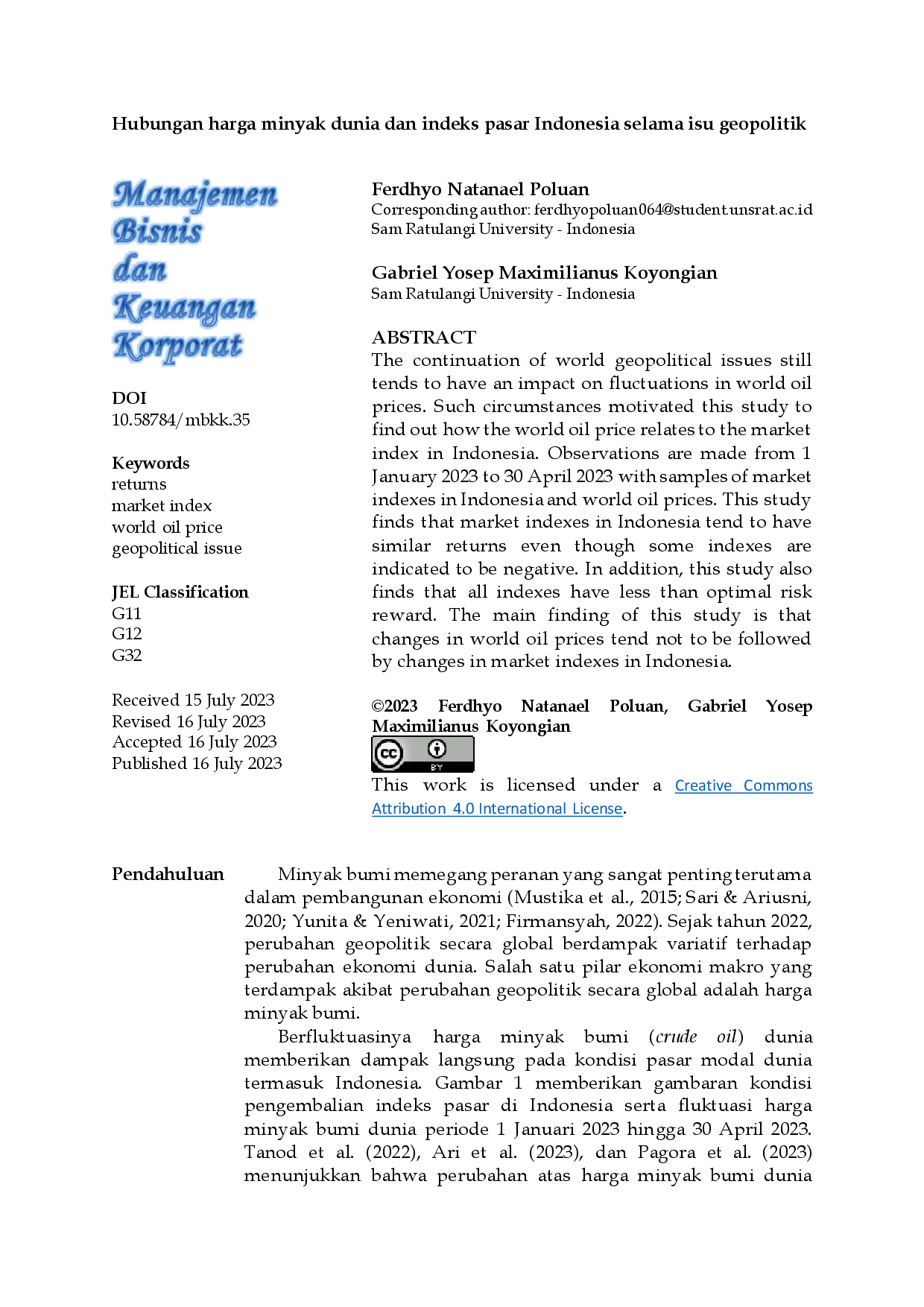 juris Hubungan Harga Minyak Dunia Dan Indeks Pasar Indonesia Selama Isu Geopolitik