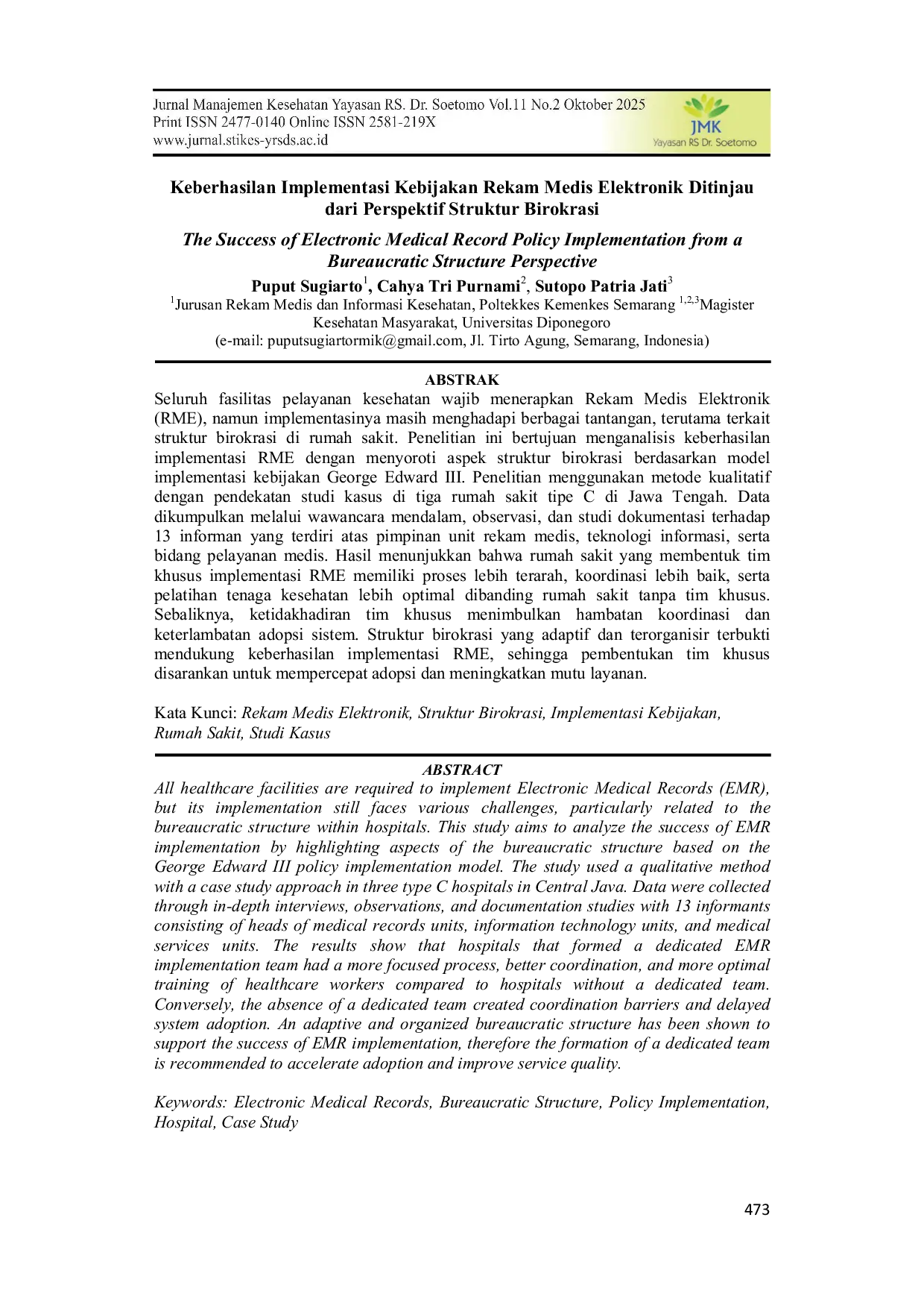JURIS Analisis Keberhasilan Implementasi Kebijakan Rekam Medis Elektronik Perspektif Struktur Birokrasi