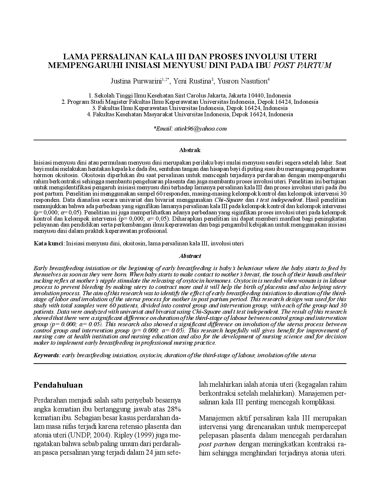 juris Lama Persalinan Kala III dan Proses Involusi Uteri Mempengaruhi Inisiasi Menyusu Dini pada Ibu Post Partum