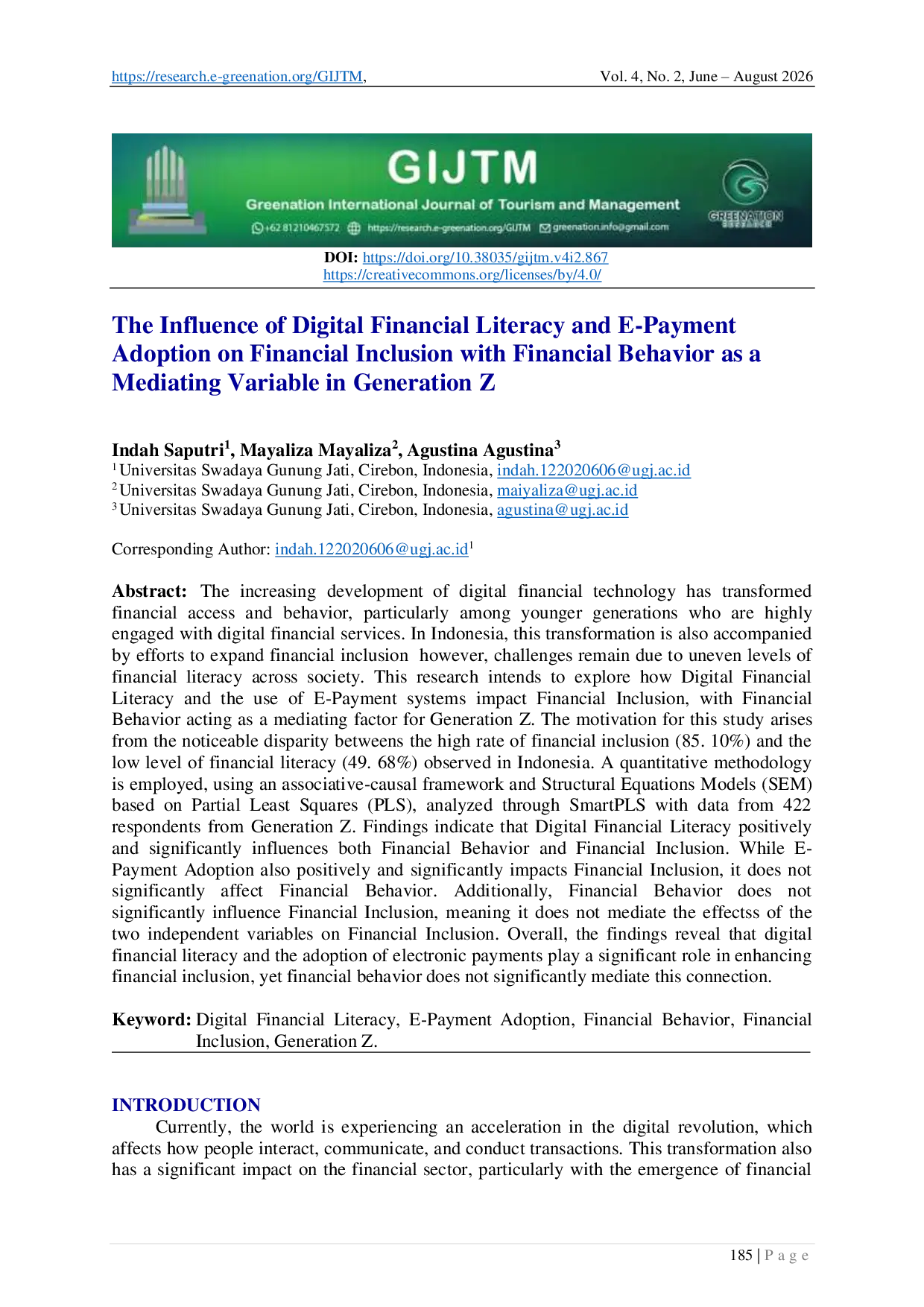 JURIS The Influence of Digital Financial Literacy and E Payment Adoption on Financial Inclusion with Financial Behavior as a Mediating Variable in Generation Z