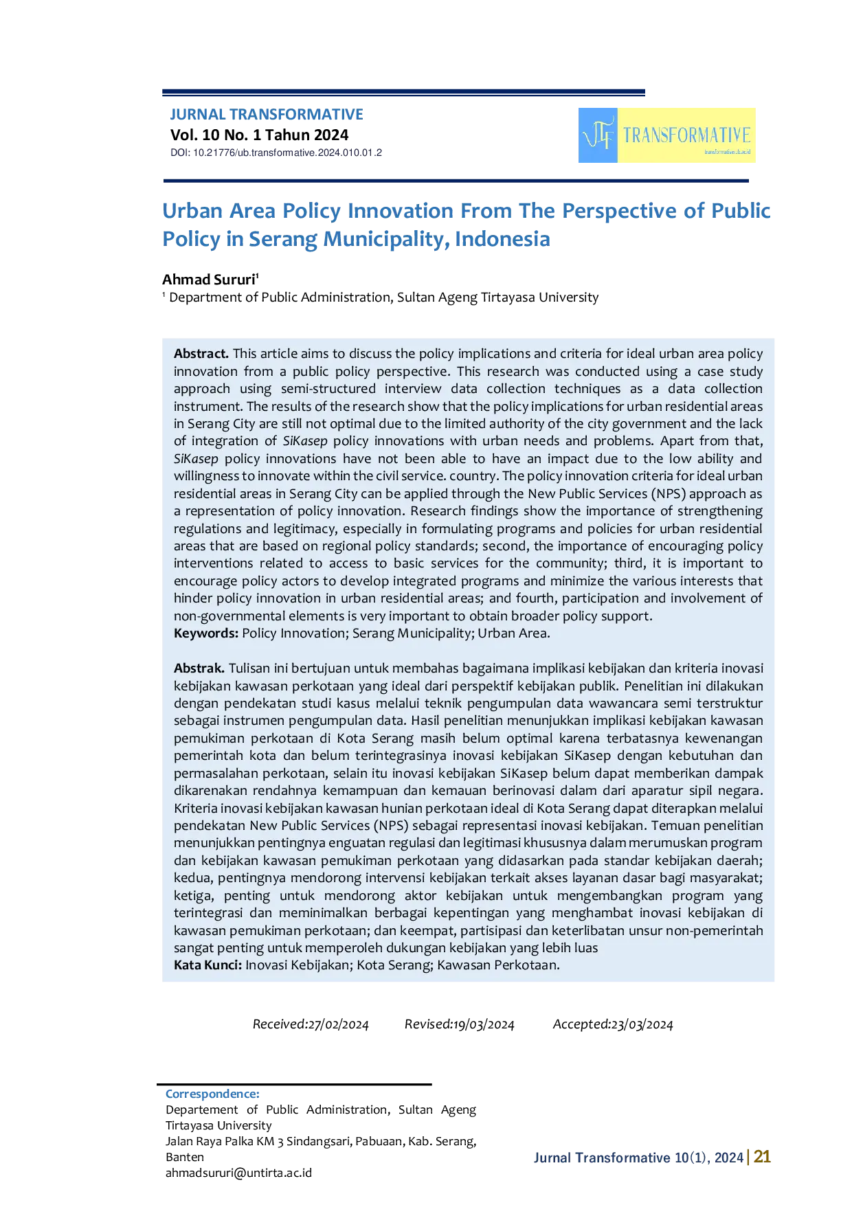 JURIS Urban Area Policy Innovation From The Perspective of Public Policy in Serang Municipality Indonesia