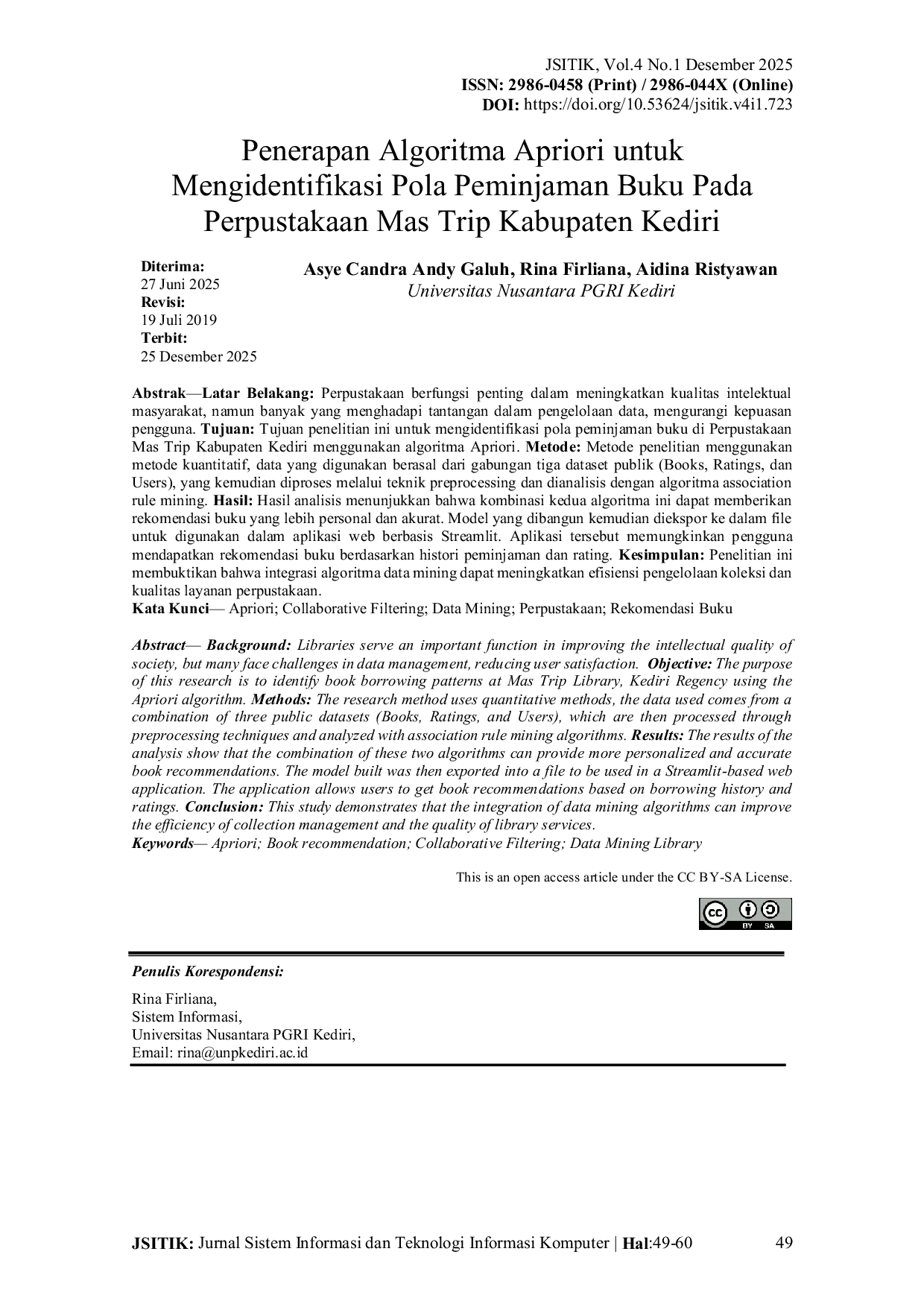 JURIS Penerapan Algoritma Apriori untuk Mengidentifikasi Pola Peminjaman Buku Pada Perpustakaan Mas Trip Kabupaten Kediri