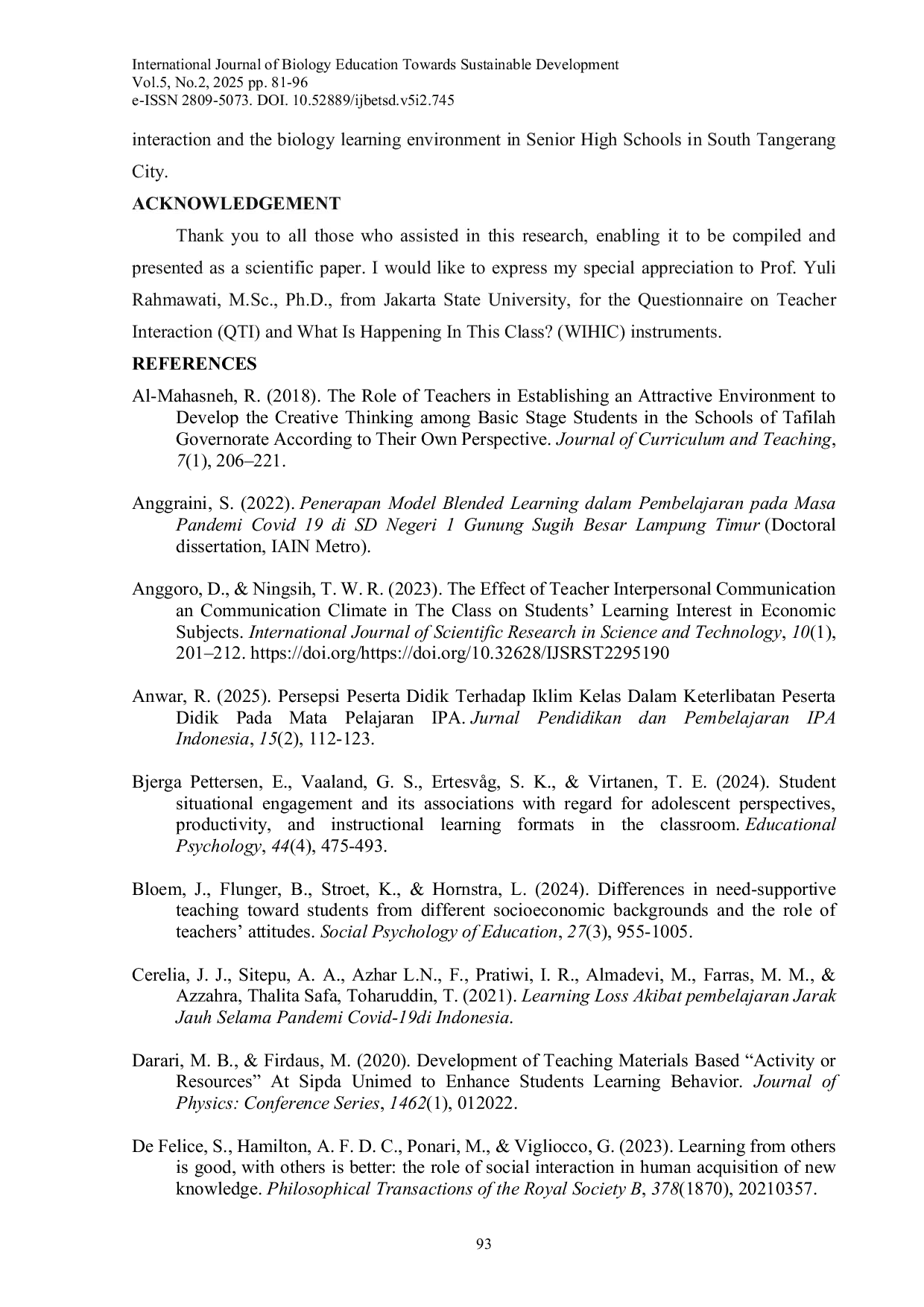 JURIS The Relationship between Teacher Interpersonal Interaction and the Biology Learning Environment in Senior High Schools