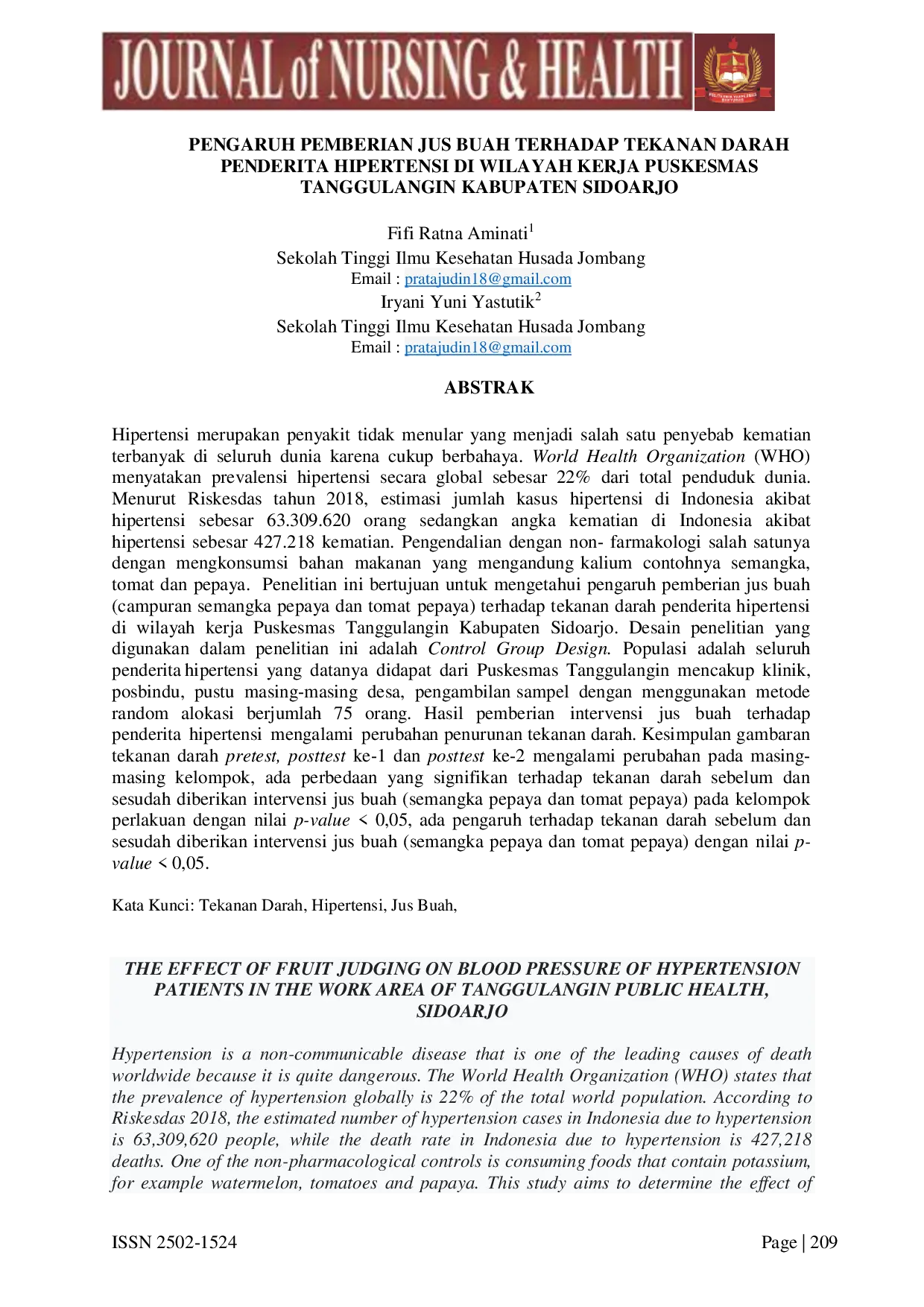 JURIS Pengaruh Pemberian Jus Buah Terhadap Tekanan Darah Penderita Hipertensi Di Wilayah Kerja Puskesmas Tanggulangin Kabupaten Sidoarjo