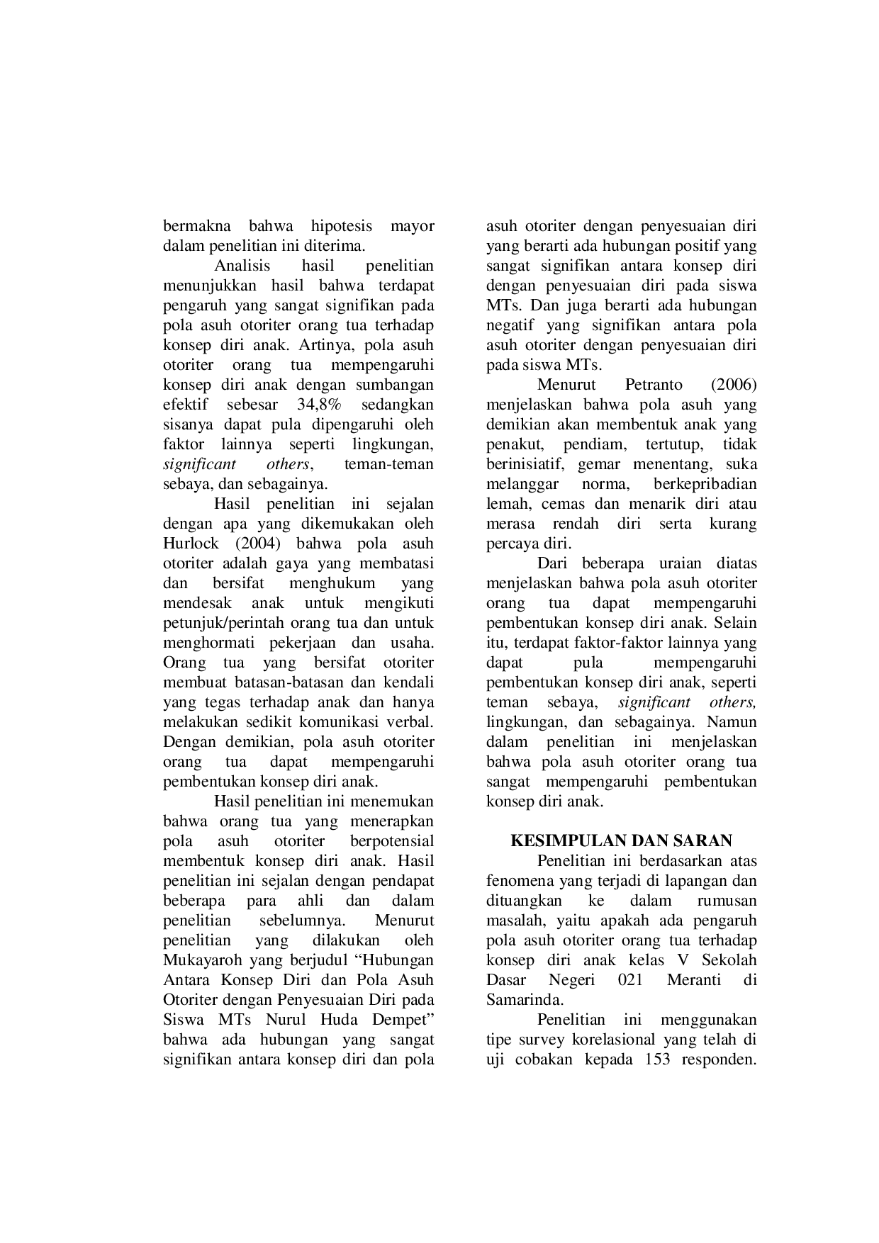 JURIS Pengaruh Pola Asuh Otoriter Orang Tua Terhadap Konsep Diri Anak