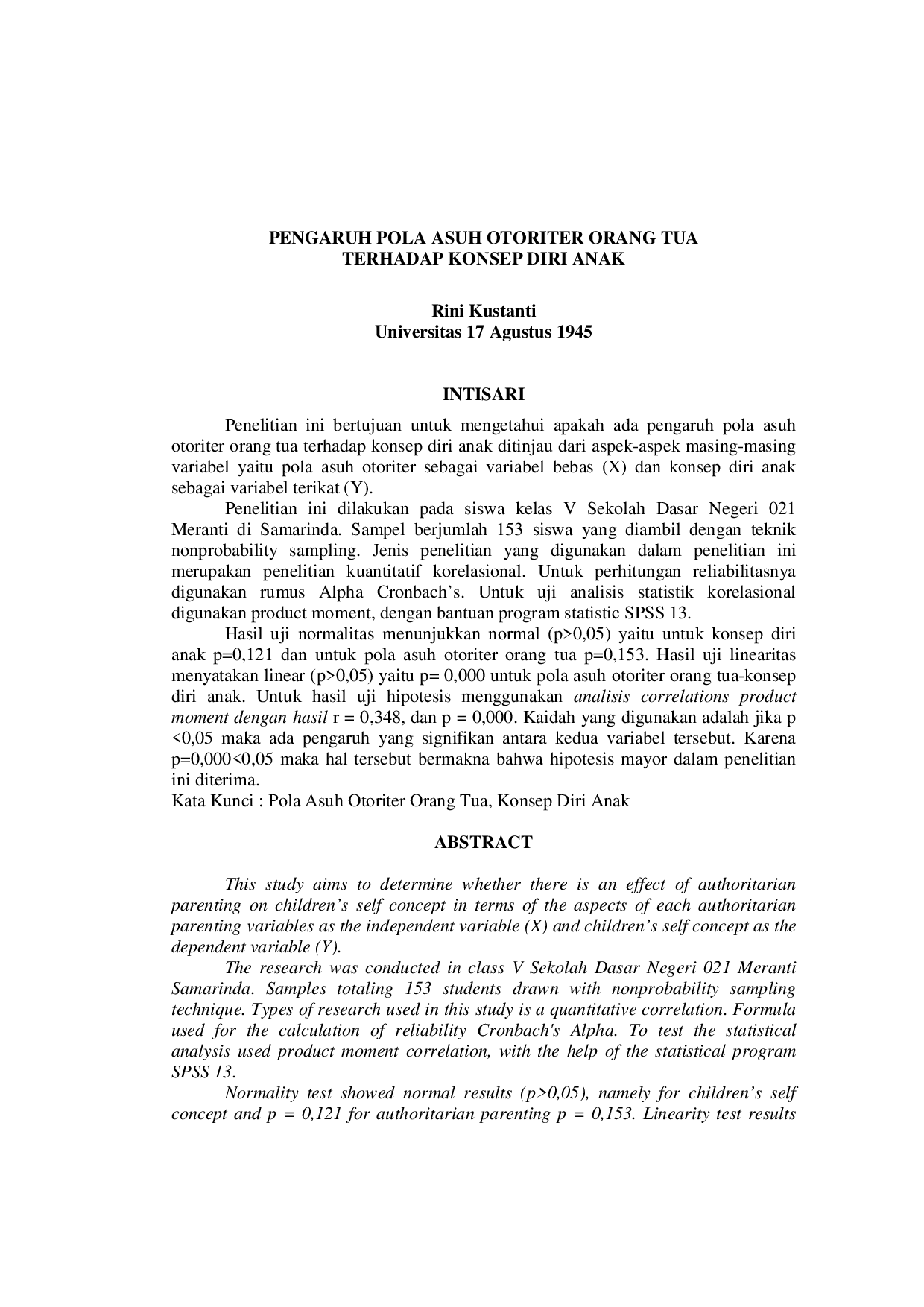 JURIS Pengaruh Pola Asuh Otoriter Orang Tua Terhadap Konsep Diri Anak