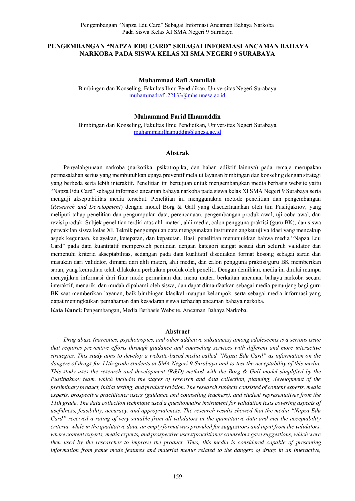 JURIS Pengembangan Napza Edu Card Sebagai Informasi Ancaman Bahaya Narkoba Pada Siswa Kelas XI SMA Negeri 9 Surabaya