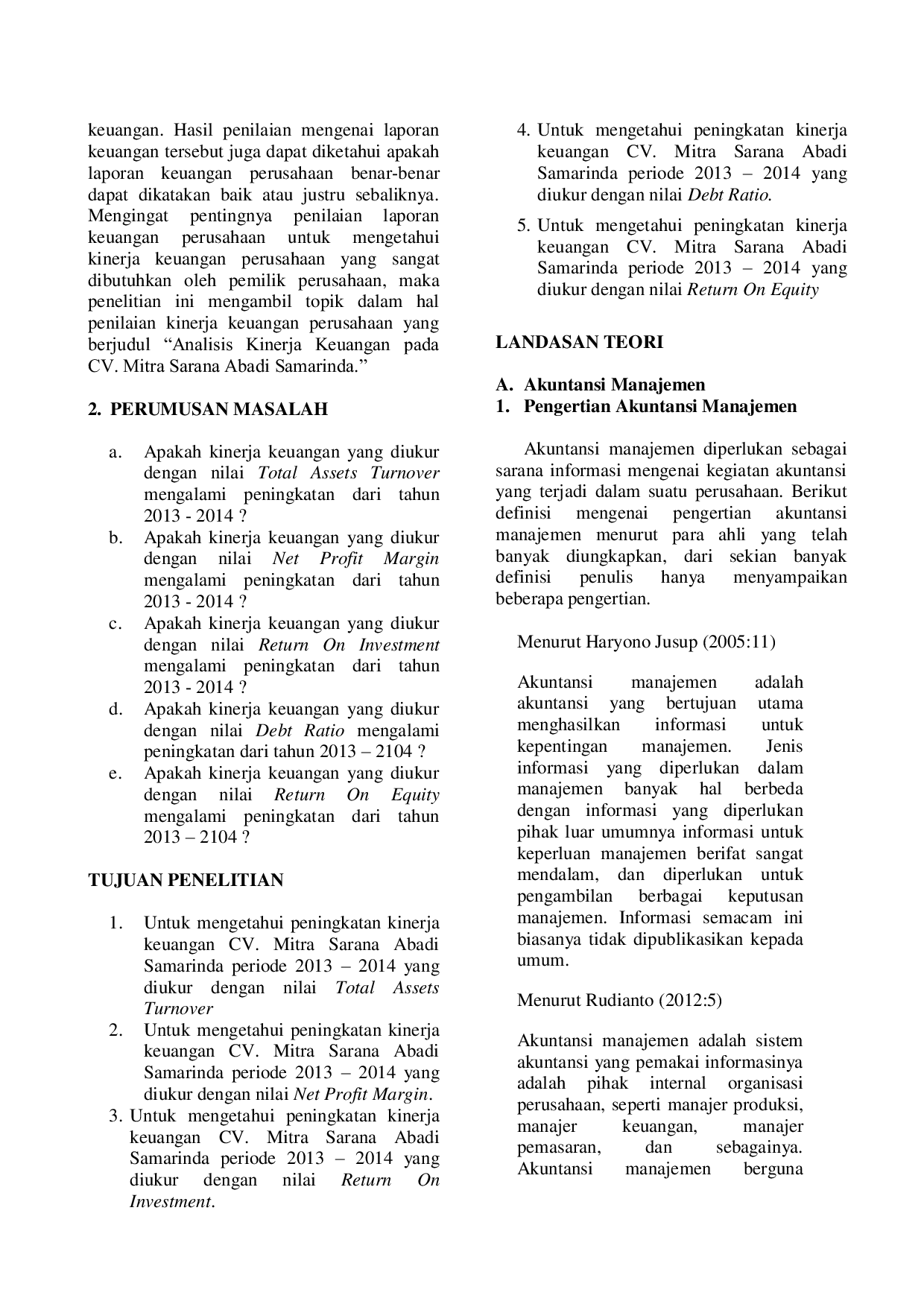 JURIS Analisis Kinerja Keuangan pada CV Mitra Sarana Abadi Samarinda