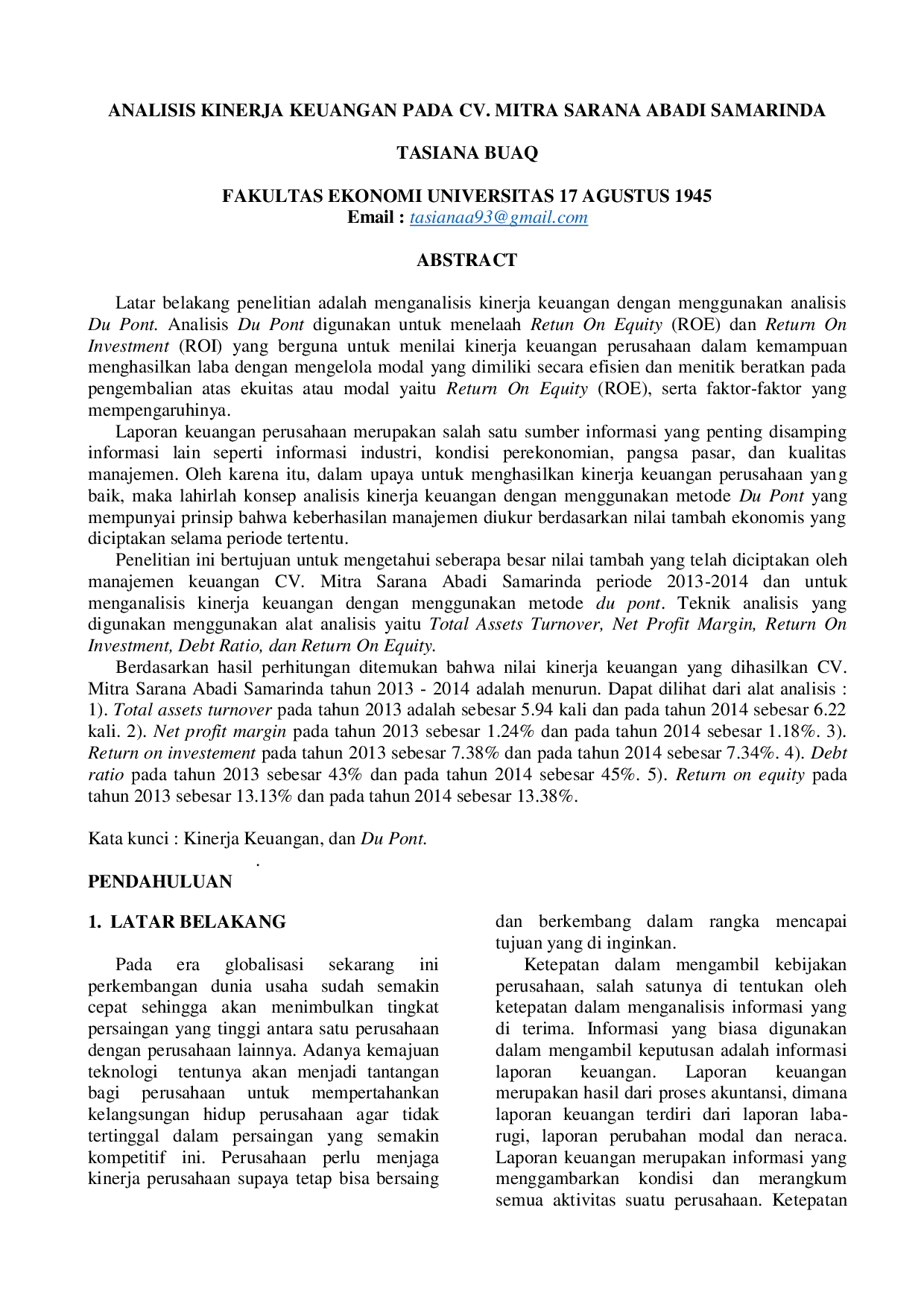 JURIS Analisis Kinerja Keuangan pada CV Mitra Sarana Abadi Samarinda