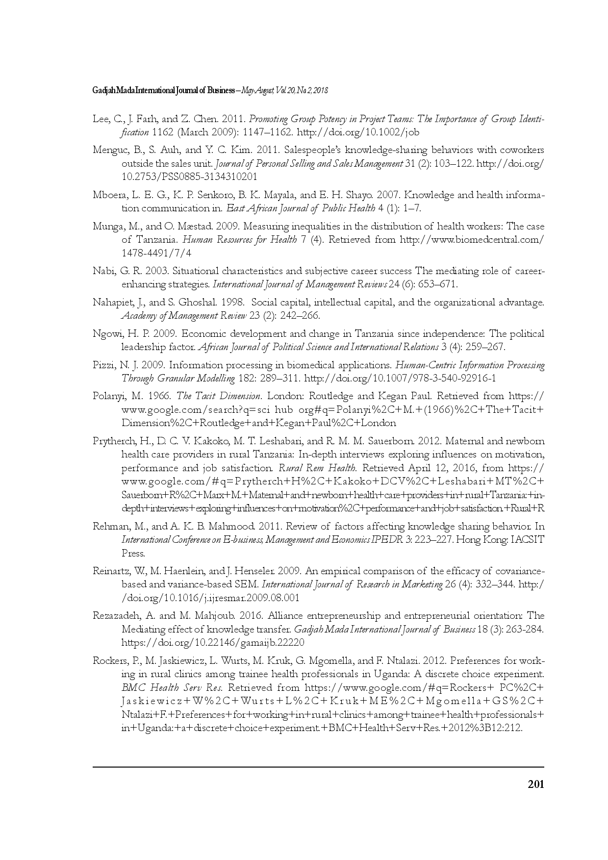 juris Mediation Effects of Subjective Norms on the Relationship between Career Advancement and Job Characteristics and Knowledge Sharing Behavior among the Tanzanian Healthcare Professionals