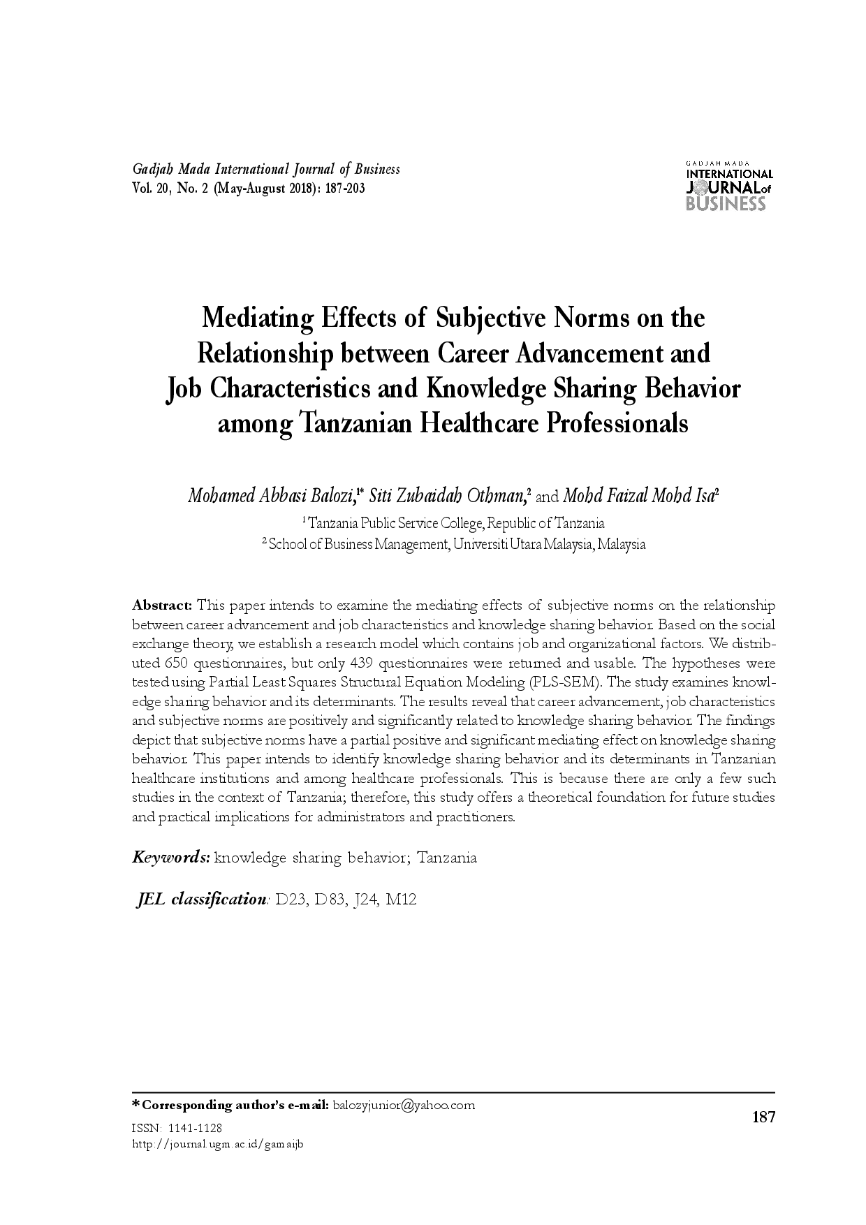 juris Mediation Effects of Subjective Norms on the Relationship between Career Advancement and Job Characteristics and Knowledge Sharing Behavior among the Tanzanian Healthcare Professionals