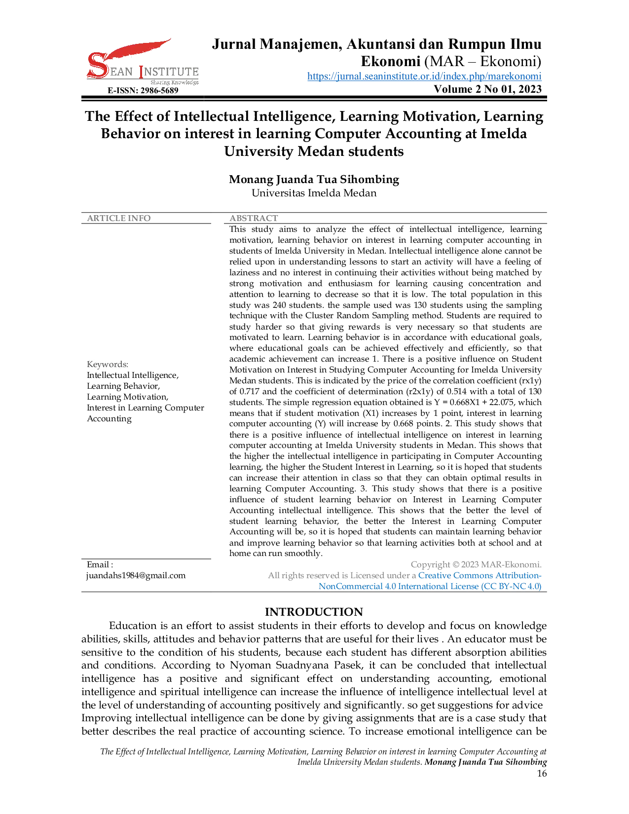 JURIS The Effect of Intellectual Intelligence Learning Motivation and Learning Behavior on Interest in Learning Computer Accounting at Imelda University Medan Students