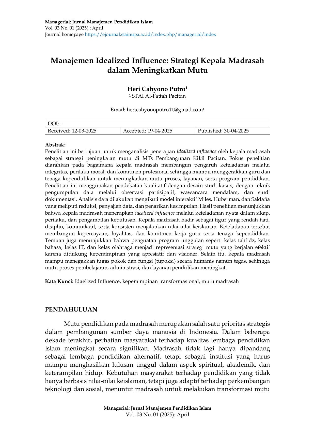 JURIS Manajemen Idealized Influence Strategi Kepala Madrasah dalam Meningkatkan Mutu