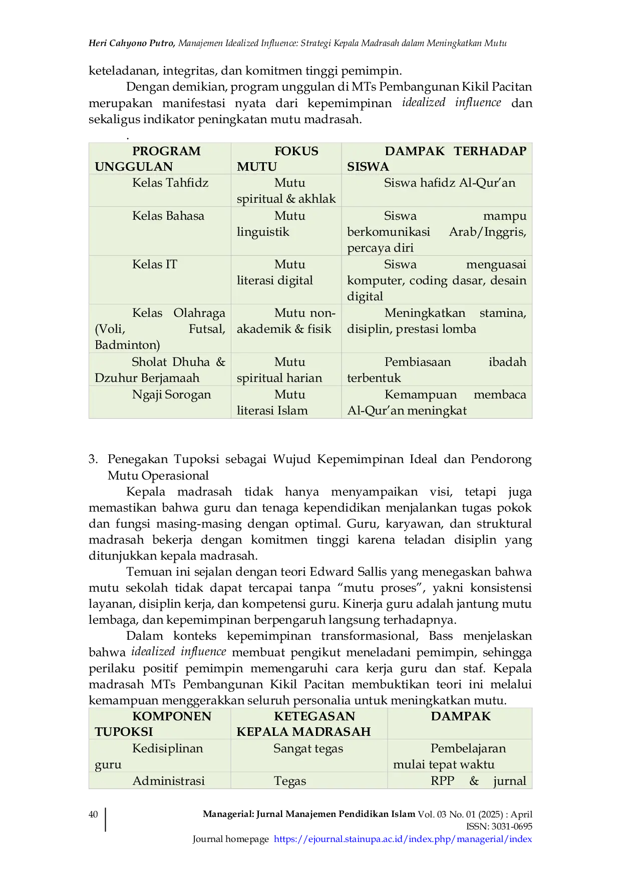 JURIS Manajemen Idealized Influence Strategi Kepala Madrasah dalam Meningkatkan Mutu