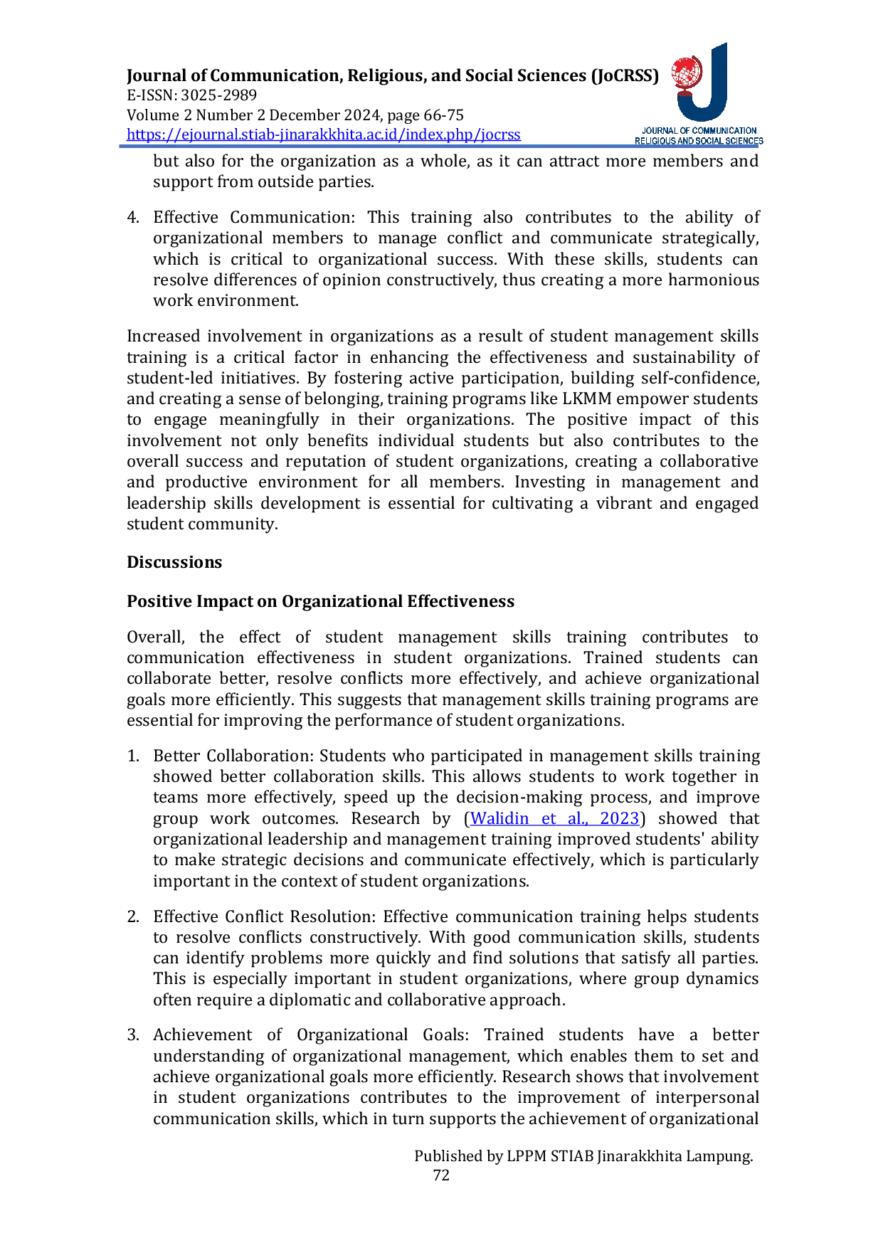 JURIS The Influence of Student Management Skills Training on Communication Effectiveness in Student Organizations