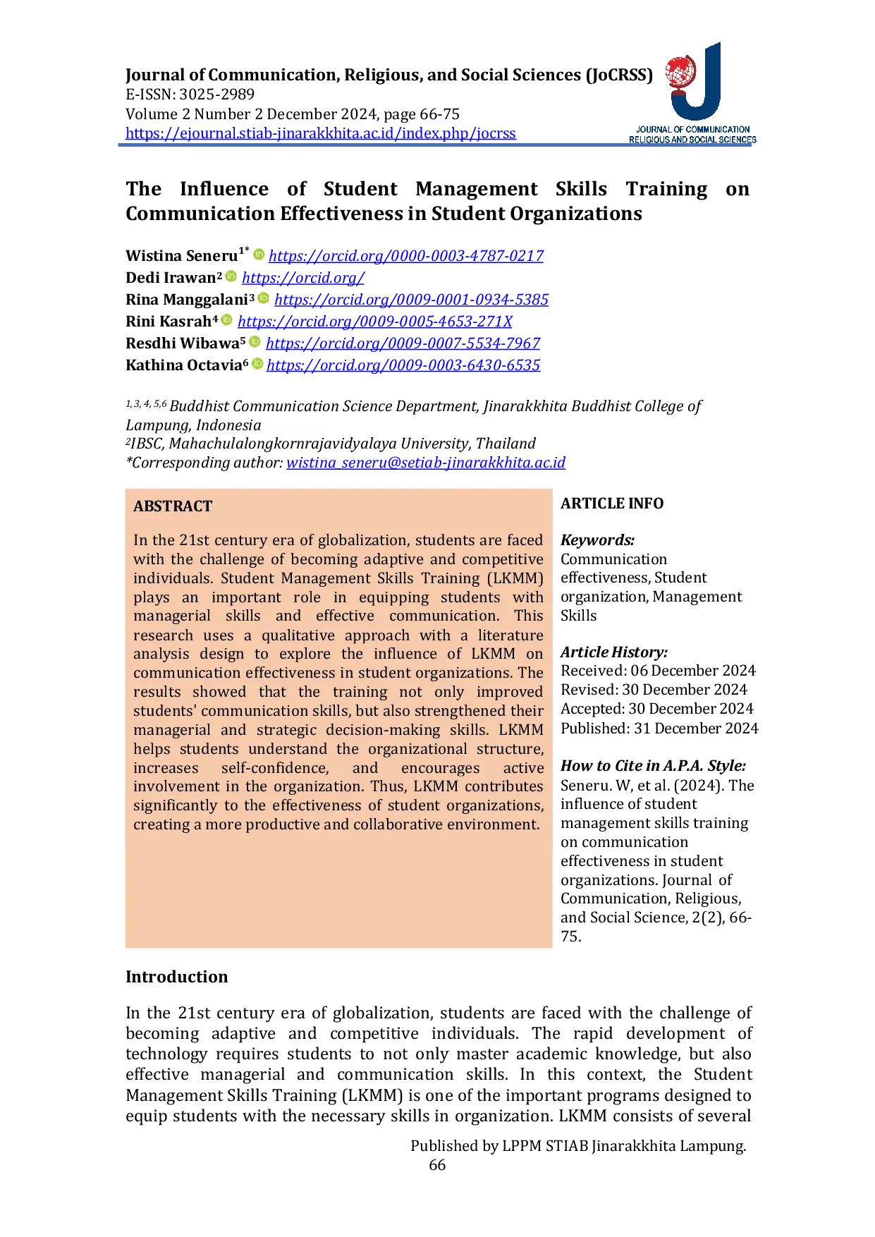 JURIS The Influence of Student Management Skills Training on Communication Effectiveness in Student Organizations