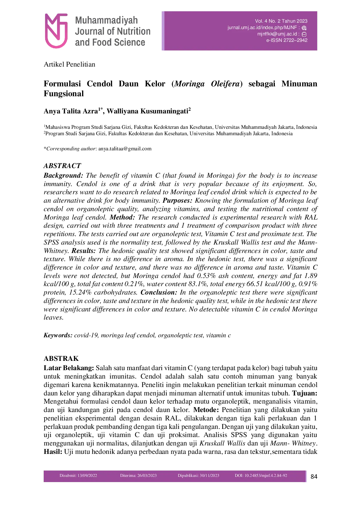 JURIS Formulasi Cendol Daun Kelor Moringa Oleifera sebagai Minuman Fungsional