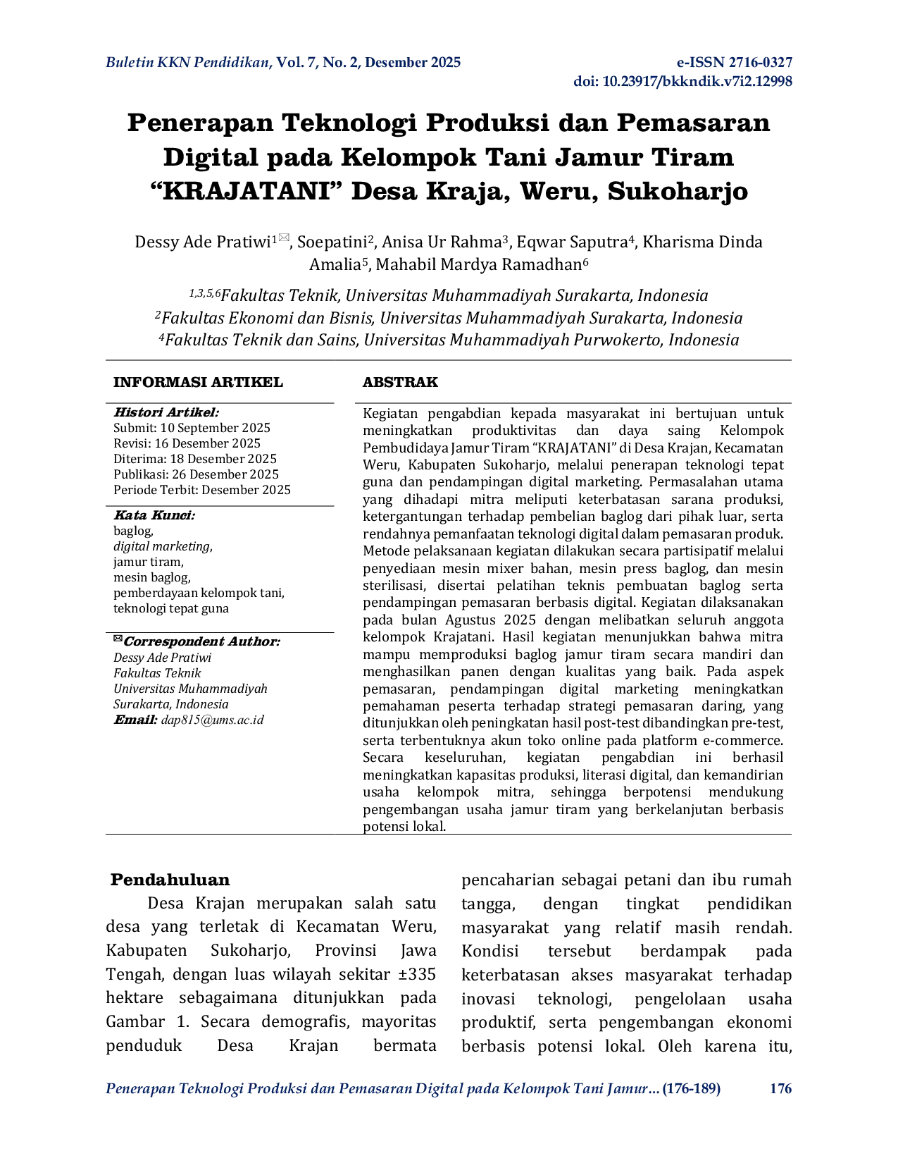 JURIS Penerapan Teknologi Produksi dan Pemasaran Digital pada Kelompok Tani Jamur Tiram KRAJATANI Desa Kraja Weru Sukoharjo