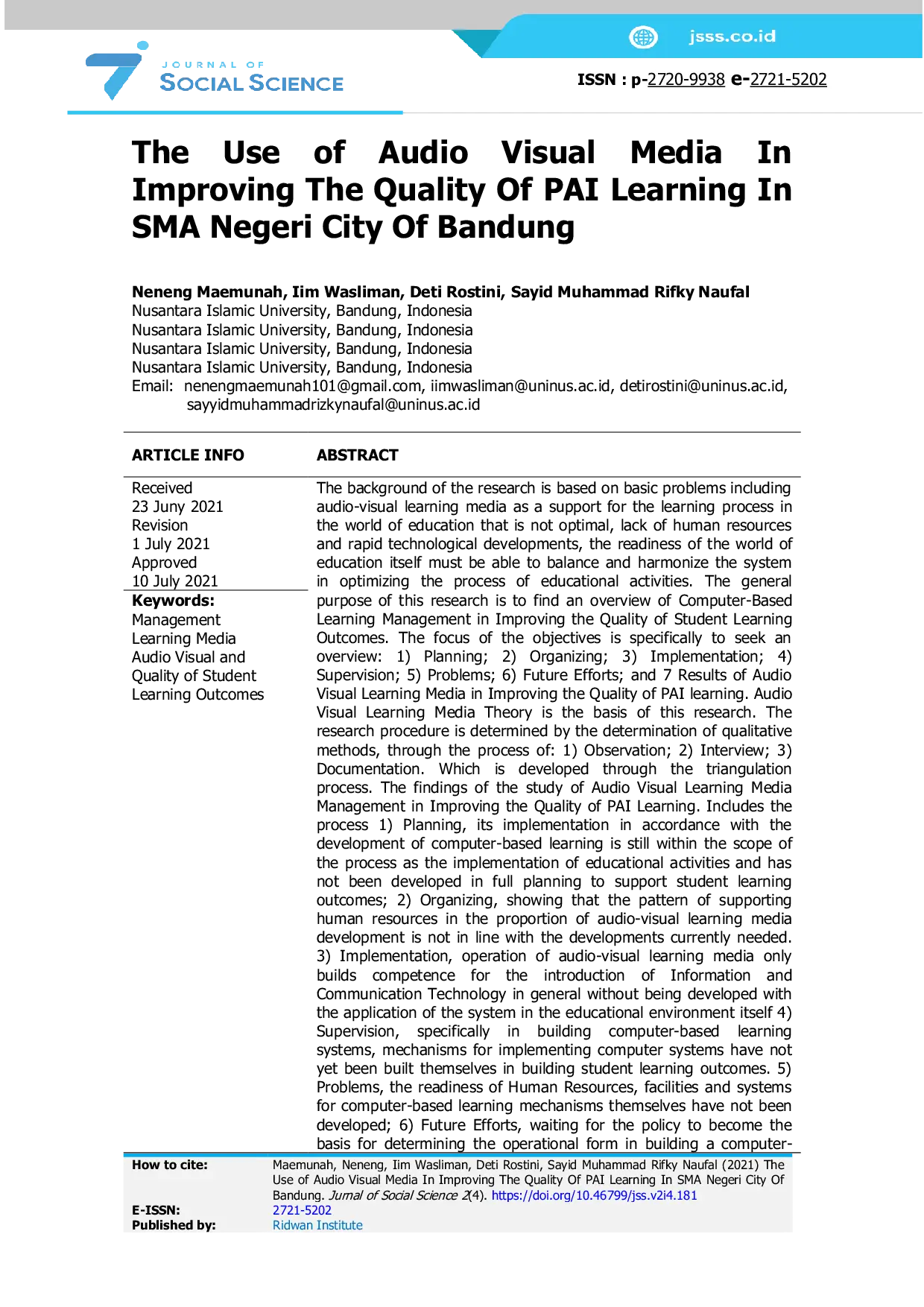 JURIS The Use of Audio Visual Media In Improving The Quality Of PAI Learning In SMA Negeri City Of Bandung