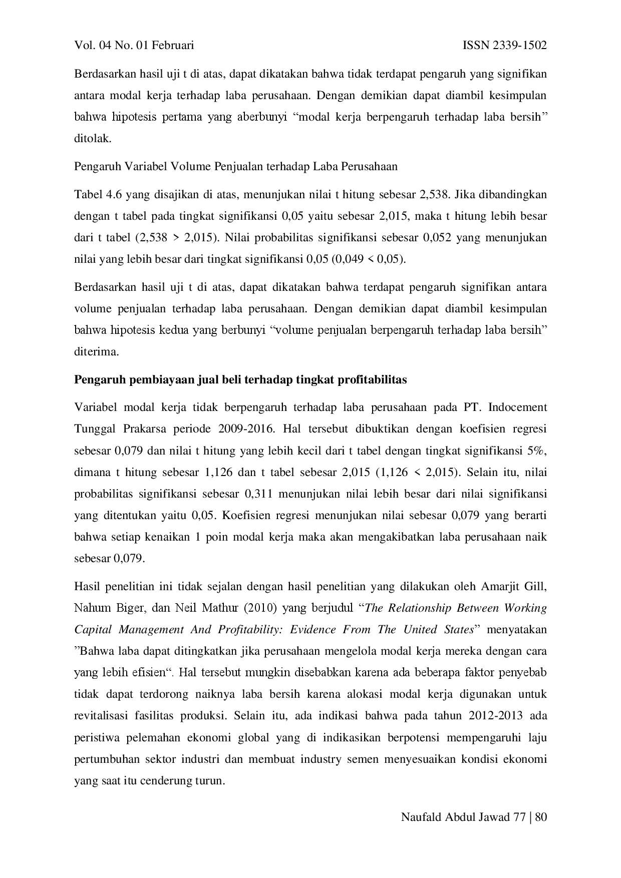 juris Pengaruh Modal Kerja Dan Volume Penjualan Terhadap Laba Perusahaan