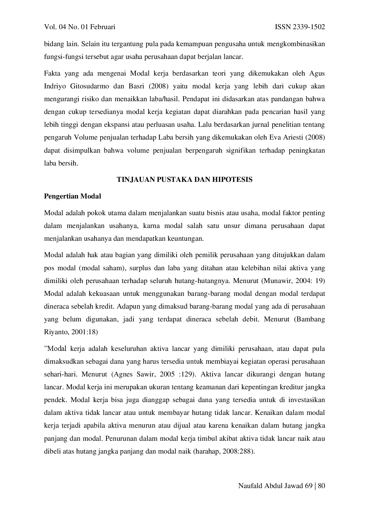 juris Pengaruh Modal Kerja Dan Volume Penjualan Terhadap Laba Perusahaan