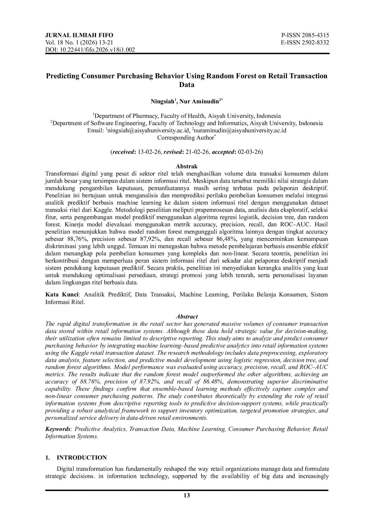 JURIS Predicting Consumer Purchasing Behavior Using Random Forest on Retail Transaction Data
