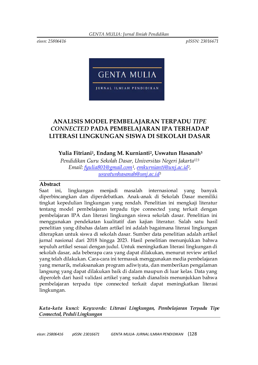JURIS Analisis Model Pembelajaran Terpadu Tipe Connected Pada Pembelajaran IPA Terhadap Literasi Lingkungan Siswa di Sekolah Dasar