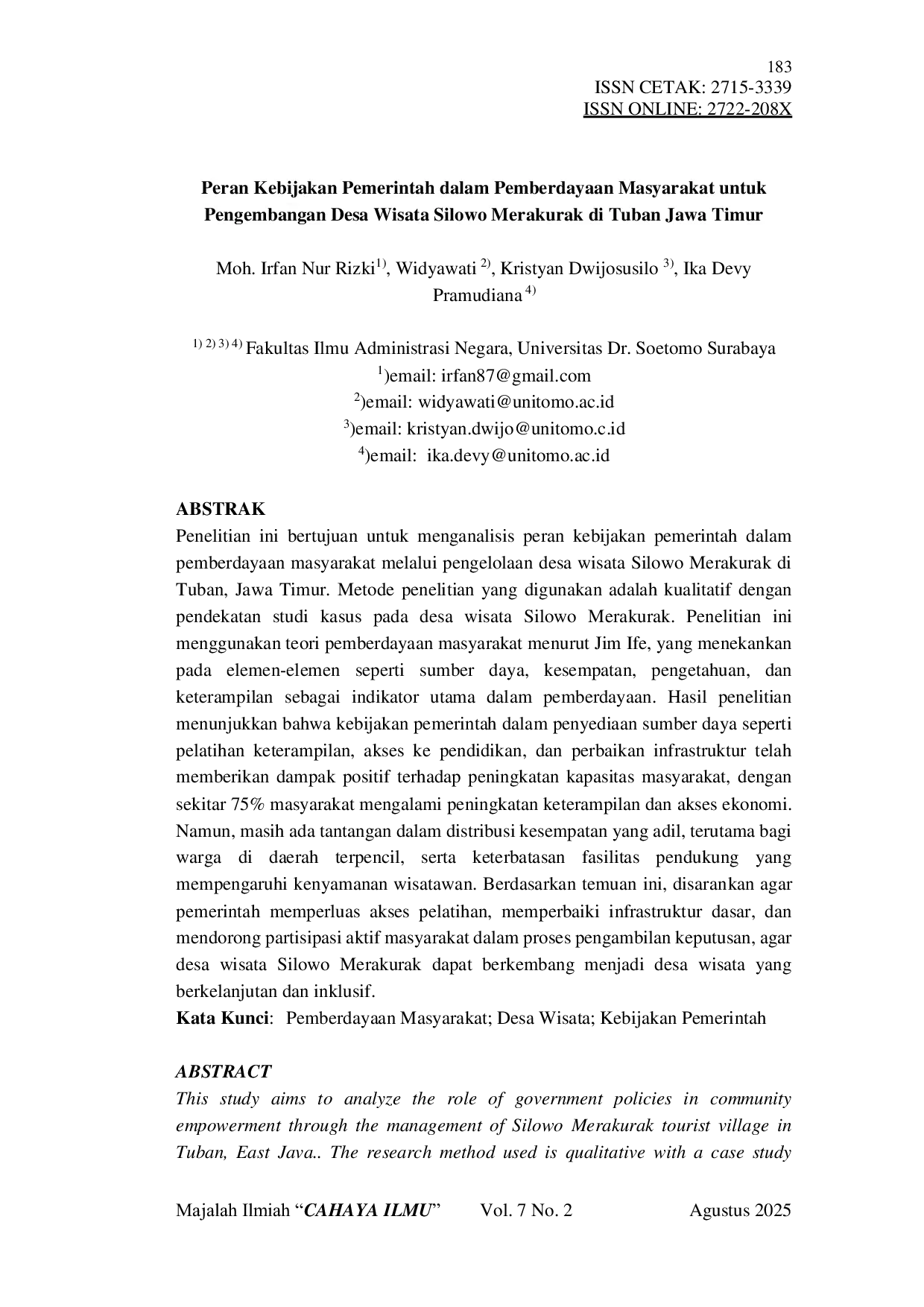 JURIS Peran Kebijakan Pemerintah dalam Pemberdayaan Masyarakat untuk Pengembangan Desa Wisata Silowo Merakurak di Tuban Jawa Timur