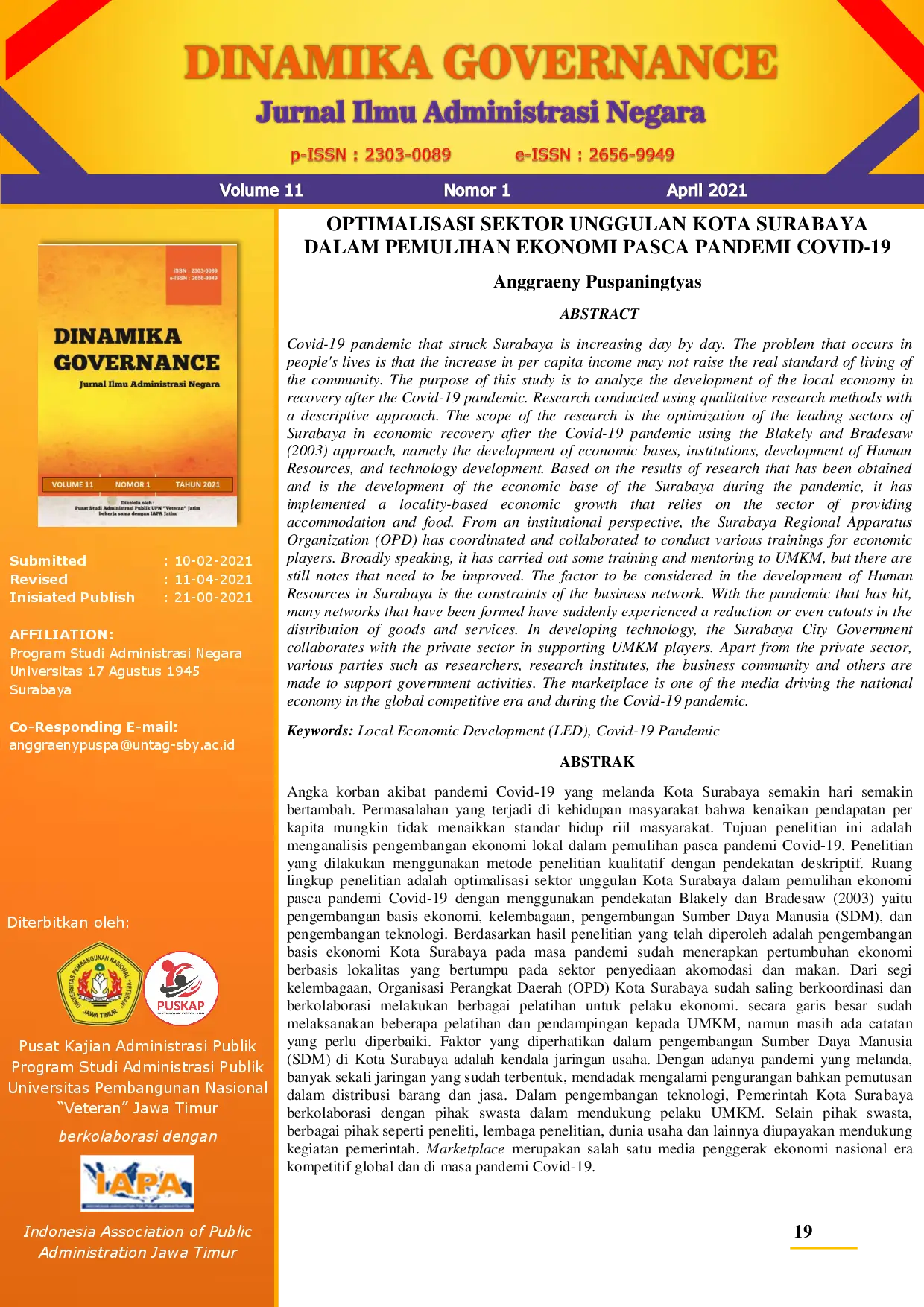 juris Optimalisasi Sektor Unggulan Kota Surabaya dalam Pemulihan Ekonomi Pasca Pandemi Covid 19