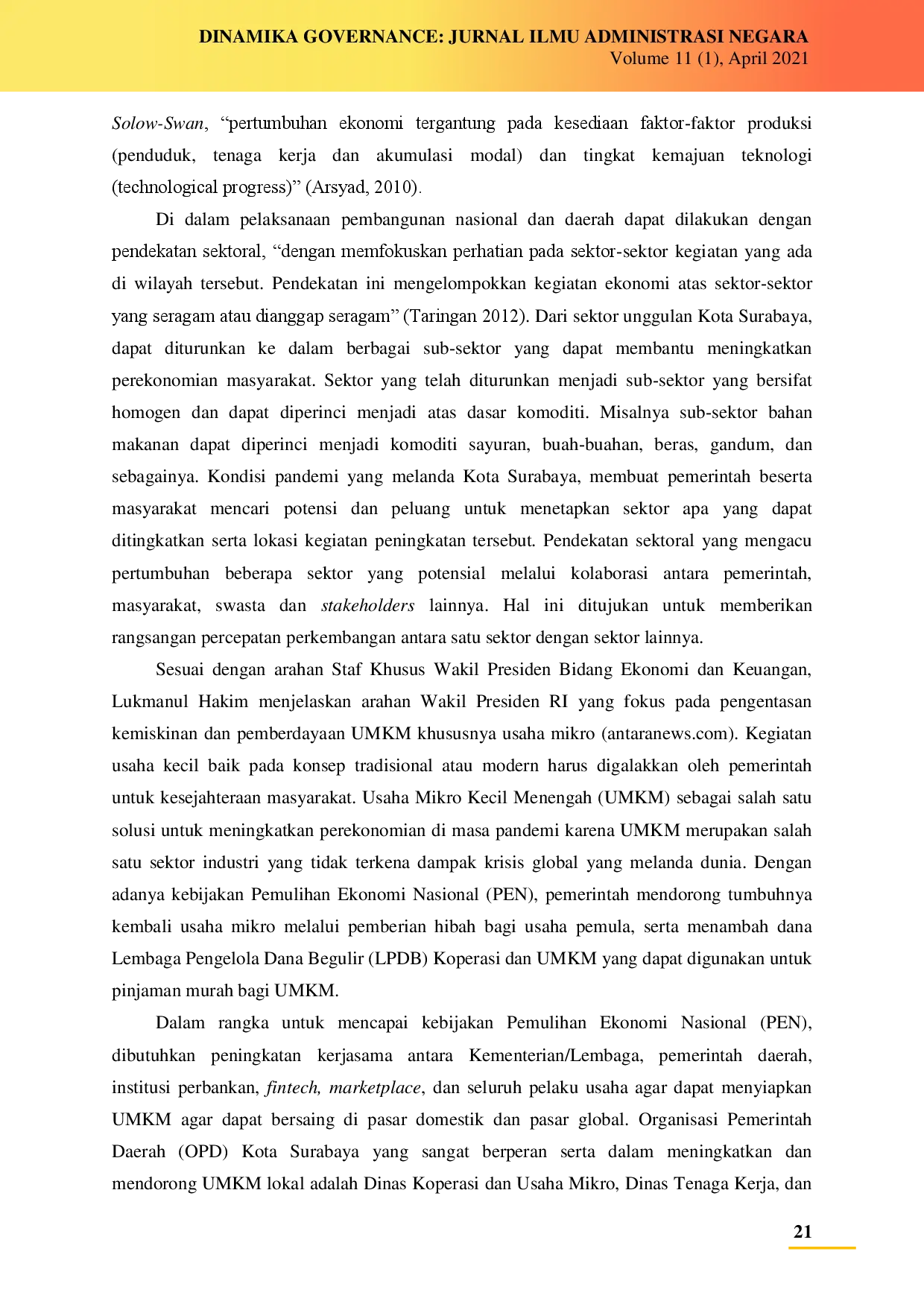 juris Optimalisasi Sektor Unggulan Kota Surabaya dalam Pemulihan Ekonomi Pasca Pandemi Covid 19